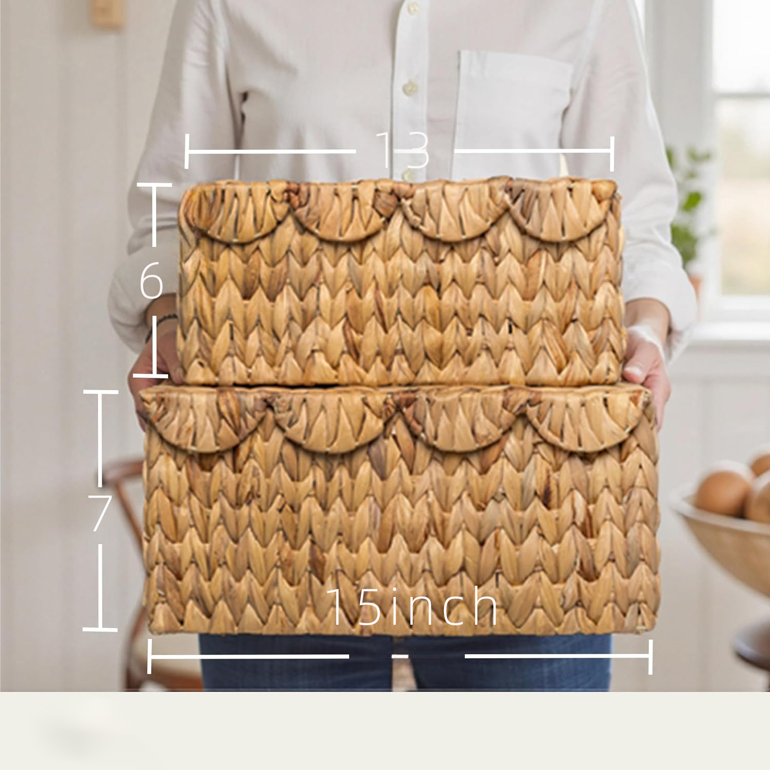 Water Hyacinth Wicker Basket with Scalloped Lid & Handles - Handwoven Storage Box with Iron Frame, Natural Decorative Organizer for Nursery, Living Room & Bathroom - Image 3