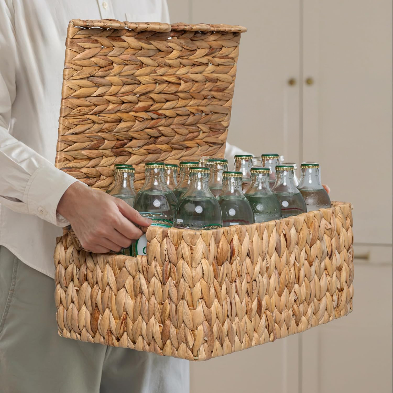 Water Hyacinth Wicker Basket with Scalloped Lid & Handles - Handwoven Storage Box with Iron Frame, Natural Decorative Organizer for Nursery, Living Room & Bathroom - Image 4
