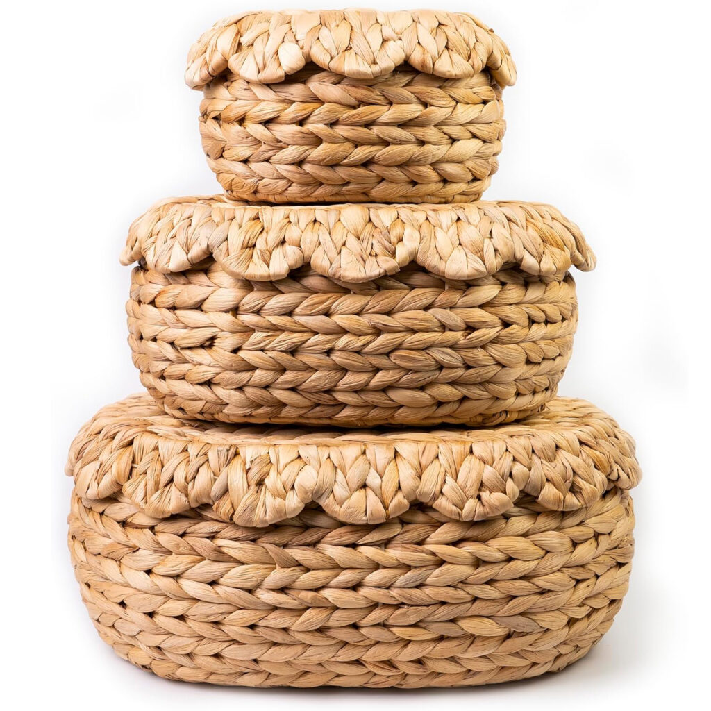 Water Hyacinth Wicker Storage Baskets Set of 3 with Lids - Handwoven Rattan Bins with Scalloped Edges, Natural Stackable Organizer for Closets, Bathroom & Living Room Shelves