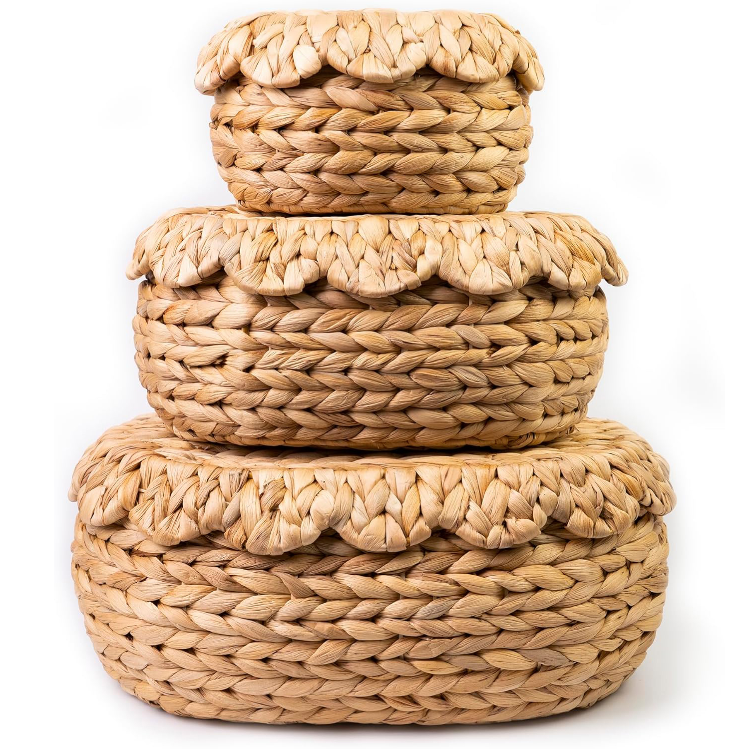Water Hyacinth Wicker Storage Baskets Set of 3 with Lids - Handwoven Rattan Bins with Scalloped Edges, Natural Stackable Organizer for Closets, Bathroom & Living Room Shelves