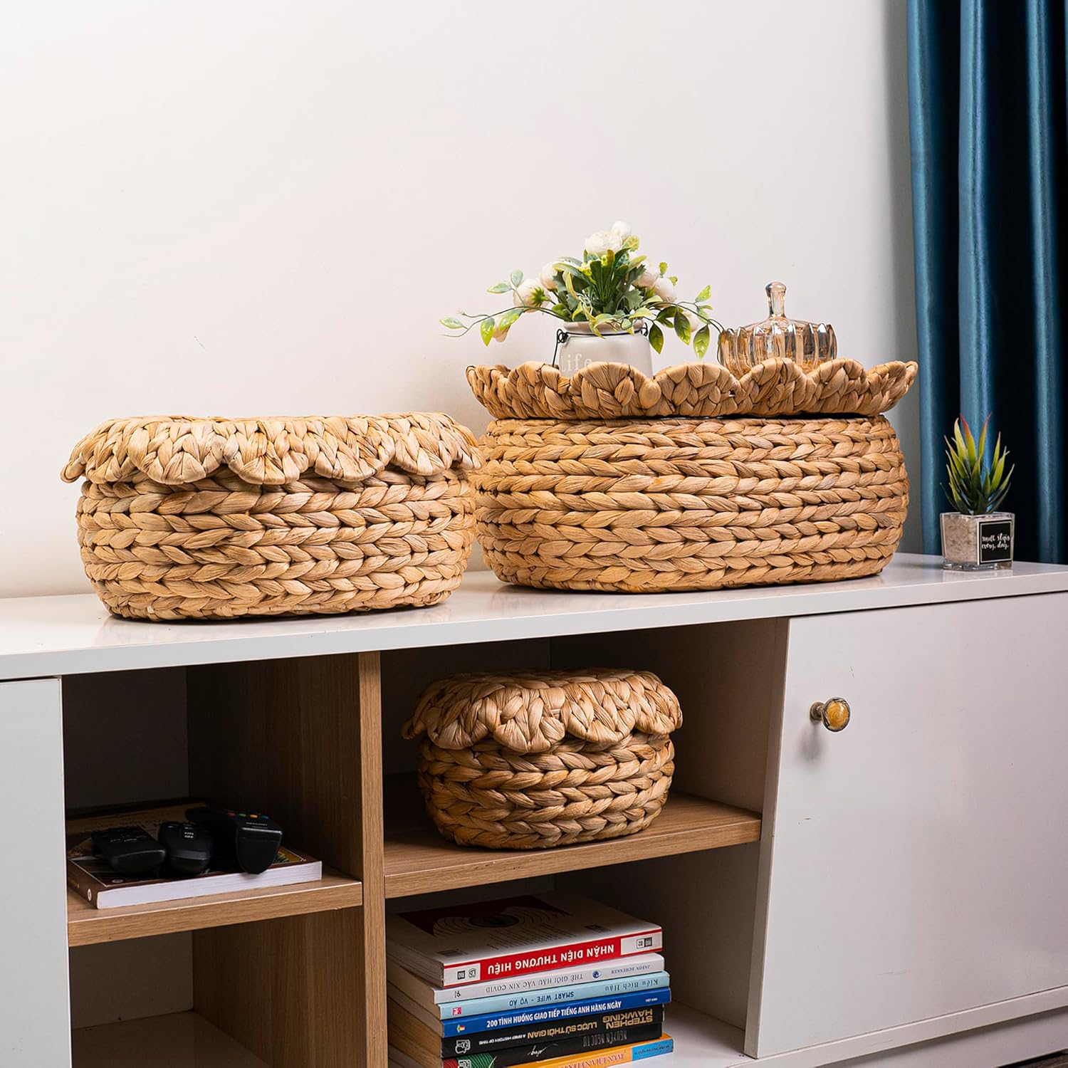 Water Hyacinth Wicker Storage Baskets Set of 3 with Lids - Handwoven Rattan Bins with Scalloped Edges, Natural Stackable Organizer for Closets, Bathroom & Living Room Shelves - Image 2