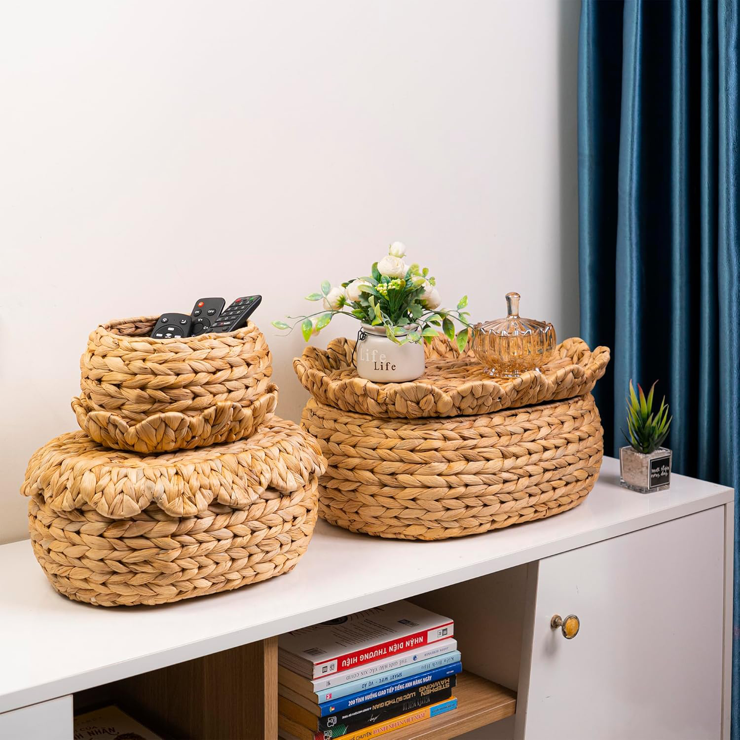 Water Hyacinth Wicker Storage Baskets Set of 3 with Lids - Handwoven Rattan Bins with Scalloped Edges, Natural Stackable Organizer for Closets, Bathroom & Living Room Shelves - Image 3