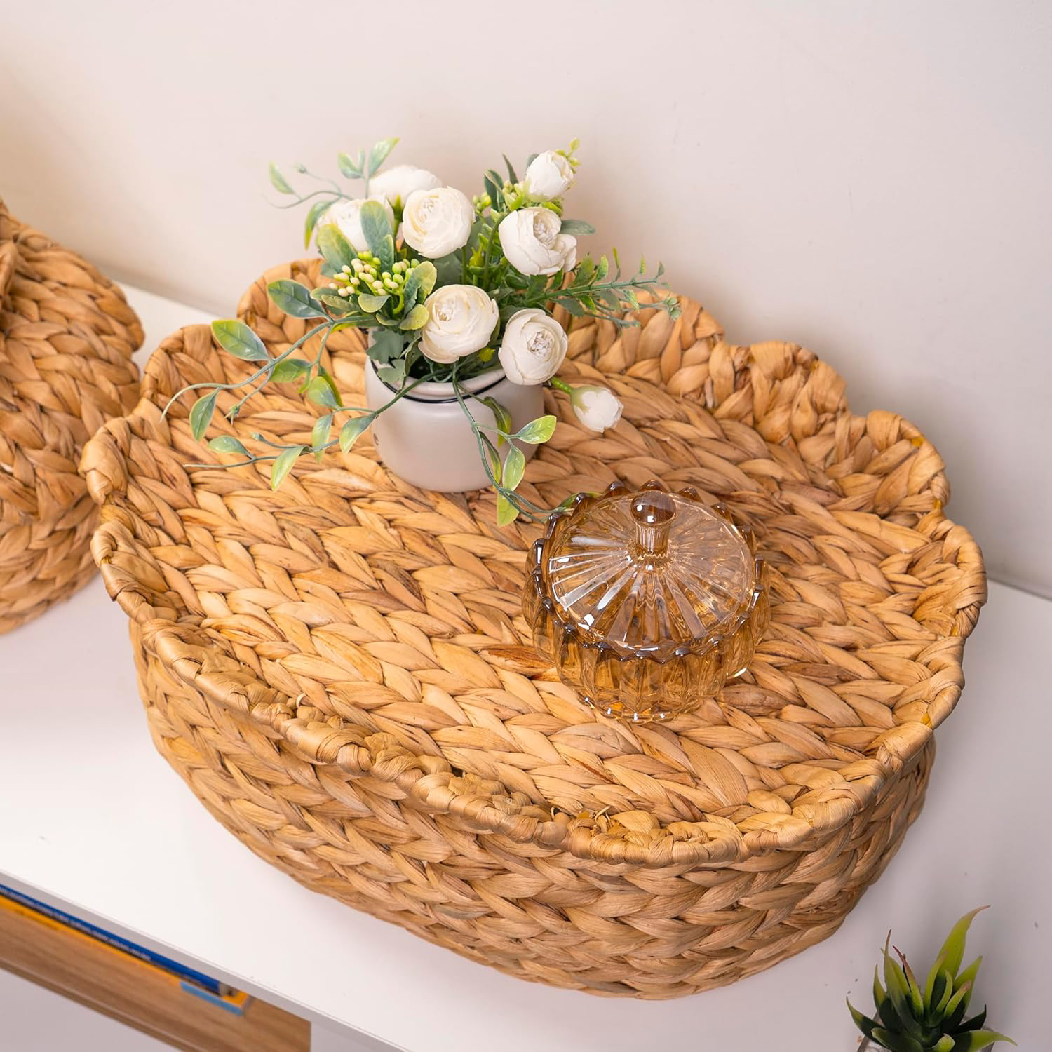 Water Hyacinth Wicker Storage Baskets Set of 3 with Lids - Handwoven Rattan Bins with Scalloped Edges, Natural Stackable Organizer for Closets, Bathroom & Living Room Shelves - Image 4