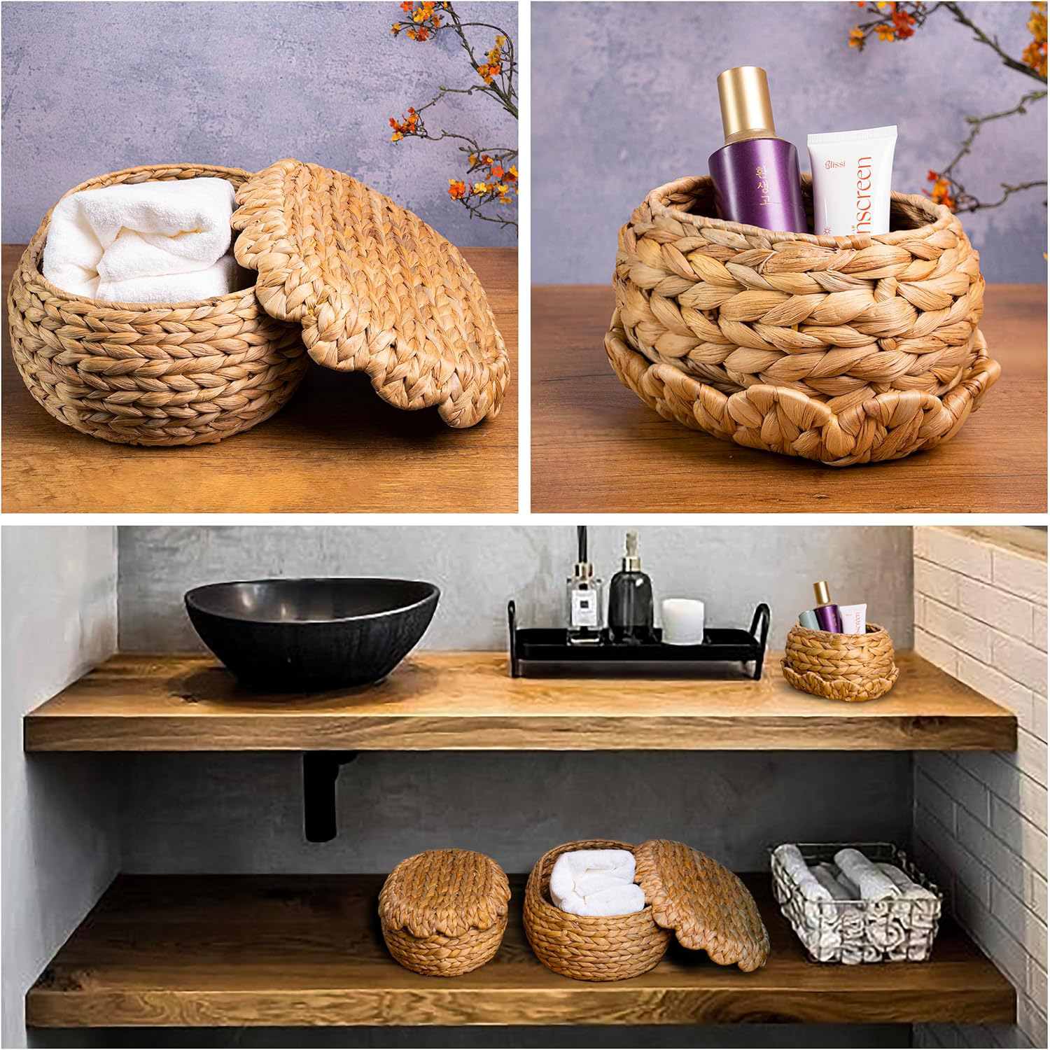 Water Hyacinth Wicker Storage Baskets Set of 3 with Lids - Handwoven Rattan Bins with Scalloped Edges, Natural Stackable Organizer for Closets, Bathroom & Living Room Shelves - Image 5