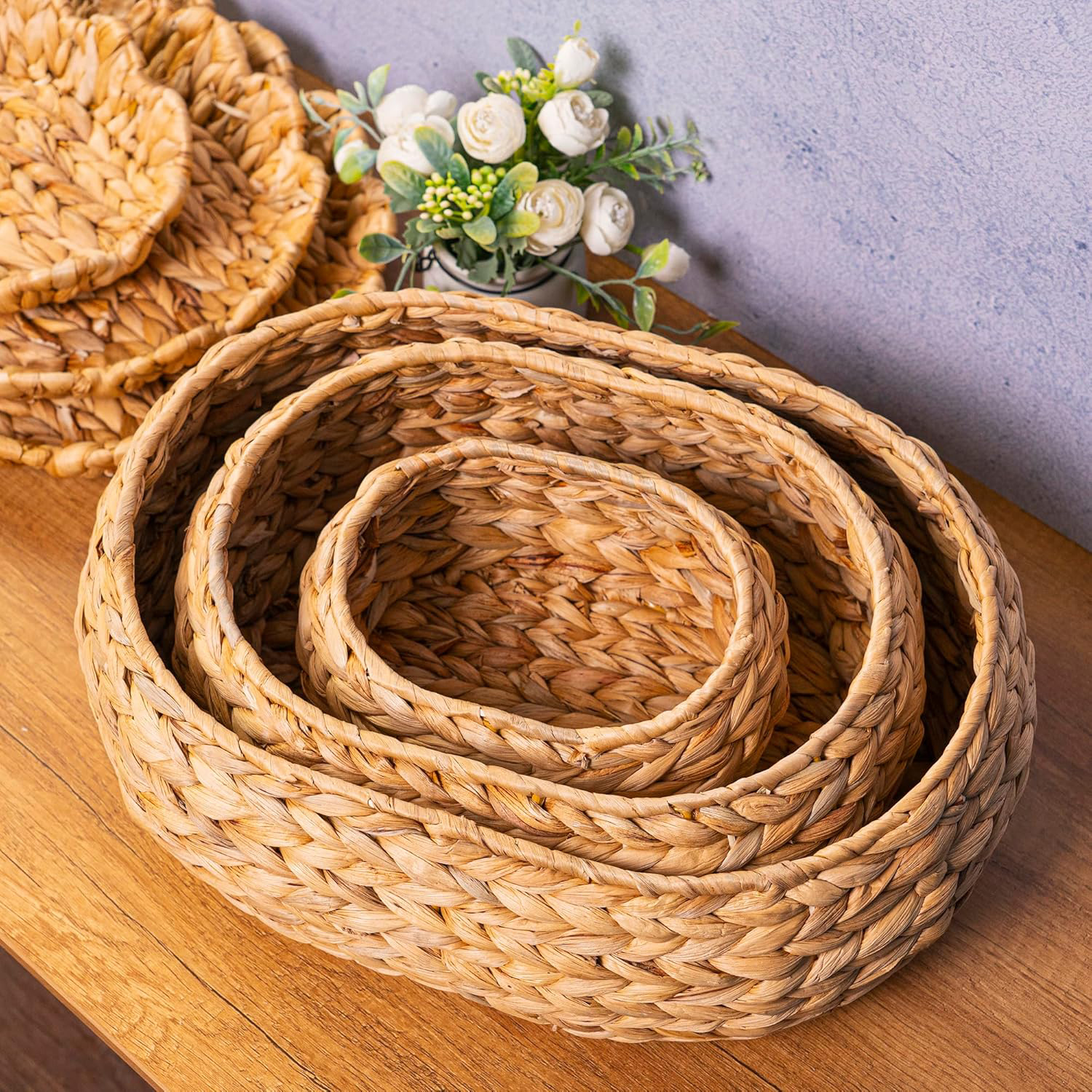 Water Hyacinth Wicker Storage Baskets Set of 3 with Lids - Handwoven Rattan Bins with Scalloped Edges, Natural Stackable Organizer for Closets, Bathroom & Living Room Shelves - Image 6