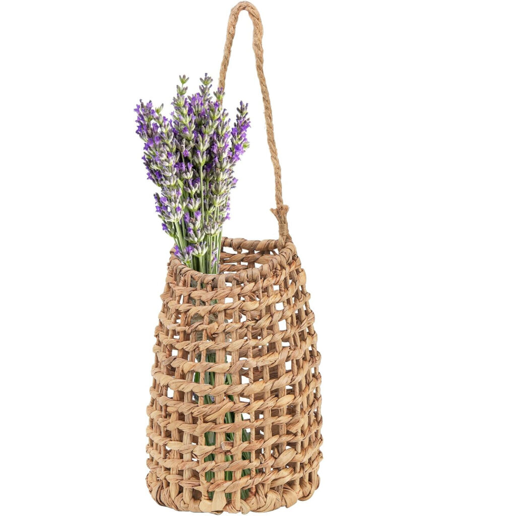 Handwoven Water Hyacinth Hanging Wall Basket - Front Door Flower Organizer with Sturdy Iron Frame, Boho Farmhouse Decor for Entryway, Garden & Living Room, Natural Wicker Planter