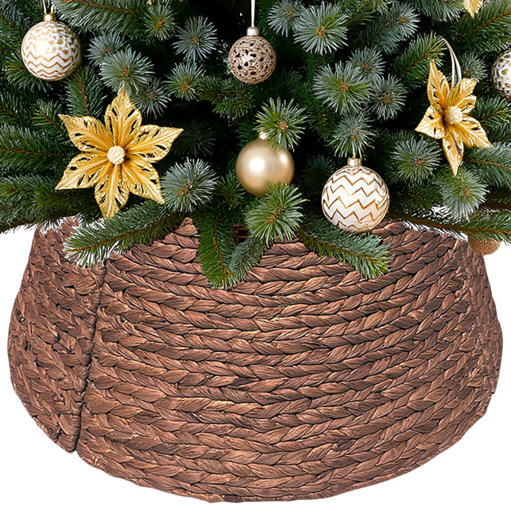 Handwoven Christmas Tree Collar 27 Inch - Natural Water Hyacinth Rattan Tree Ring, Rustic Farmhouse Holiday Decor for Artificial Trees, Tree Skirt Alternative with Sturdy Design