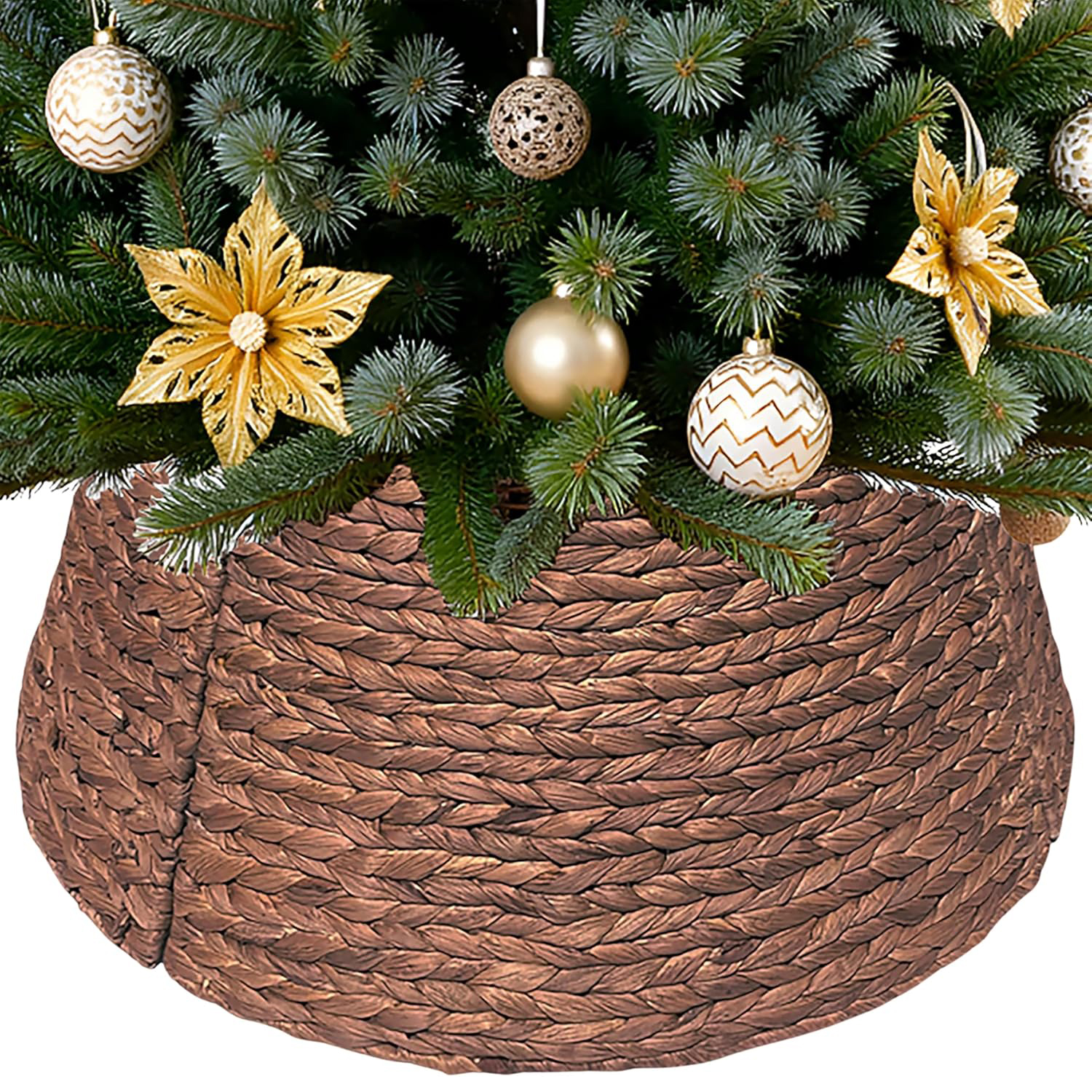 Handwoven Christmas Tree Collar 27 Inch - Natural Water Hyacinth Rattan Tree Ring, Rustic Farmhouse Holiday Decor for Artificial Trees, Tree Skirt Alternative with Sturdy Design