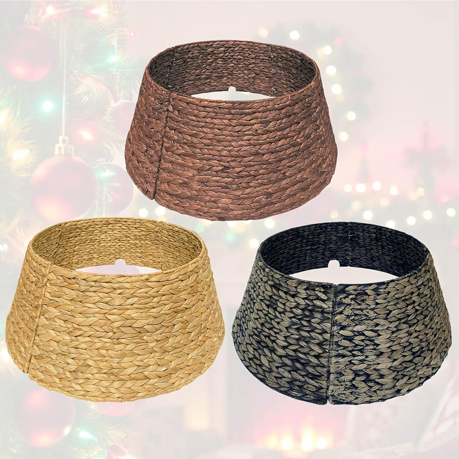 Handwoven Christmas Tree Collar 27 Inch - Natural Water Hyacinth Rattan Tree Ring, Rustic Farmhouse Holiday Decor for Artificial Trees, Tree Skirt Alternative with Sturdy Design - Image 2
