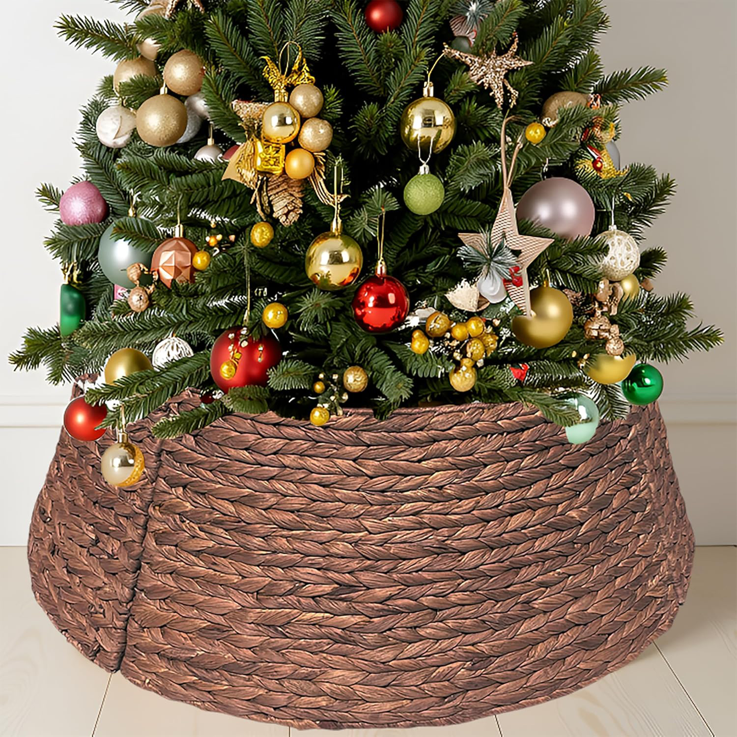 Handwoven Christmas Tree Collar 27 Inch - Natural Water Hyacinth Rattan Tree Ring, Rustic Farmhouse Holiday Decor for Artificial Trees, Tree Skirt Alternative with Sturdy Design - Image 3