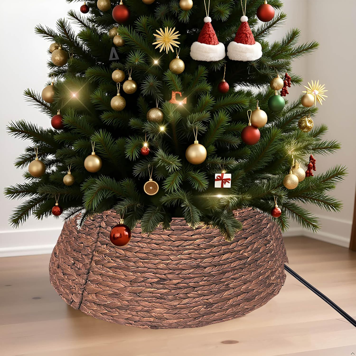 Handwoven Christmas Tree Collar 27 Inch - Natural Water Hyacinth Rattan Tree Ring, Rustic Farmhouse Holiday Decor for Artificial Trees, Tree Skirt Alternative with Sturdy Design - Image 5