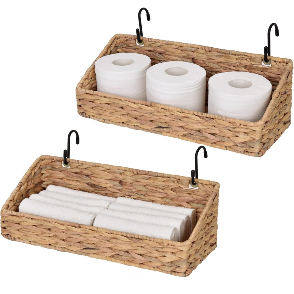 Handwoven Water Hyacinth Wall Baskets Set of 2 - Hanging Storage Organizers with Sturdy Iron Frame, Boho Farmhouse Decor for Kitchen, Bathroom, Entryway & Living Room Shelves