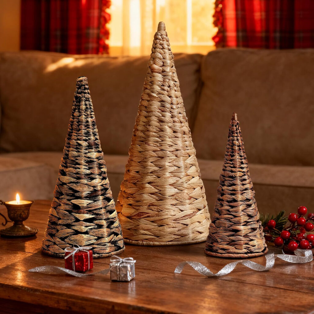 Handwoven Water Hyacinth Christmas Trees Set of 3 - Wicker Cone Tabletop Decor with Wooden Bases, Rustic Farmhouse Holiday Centerpiece for Mantel, Shelf & Home Table (7.5"-12")
