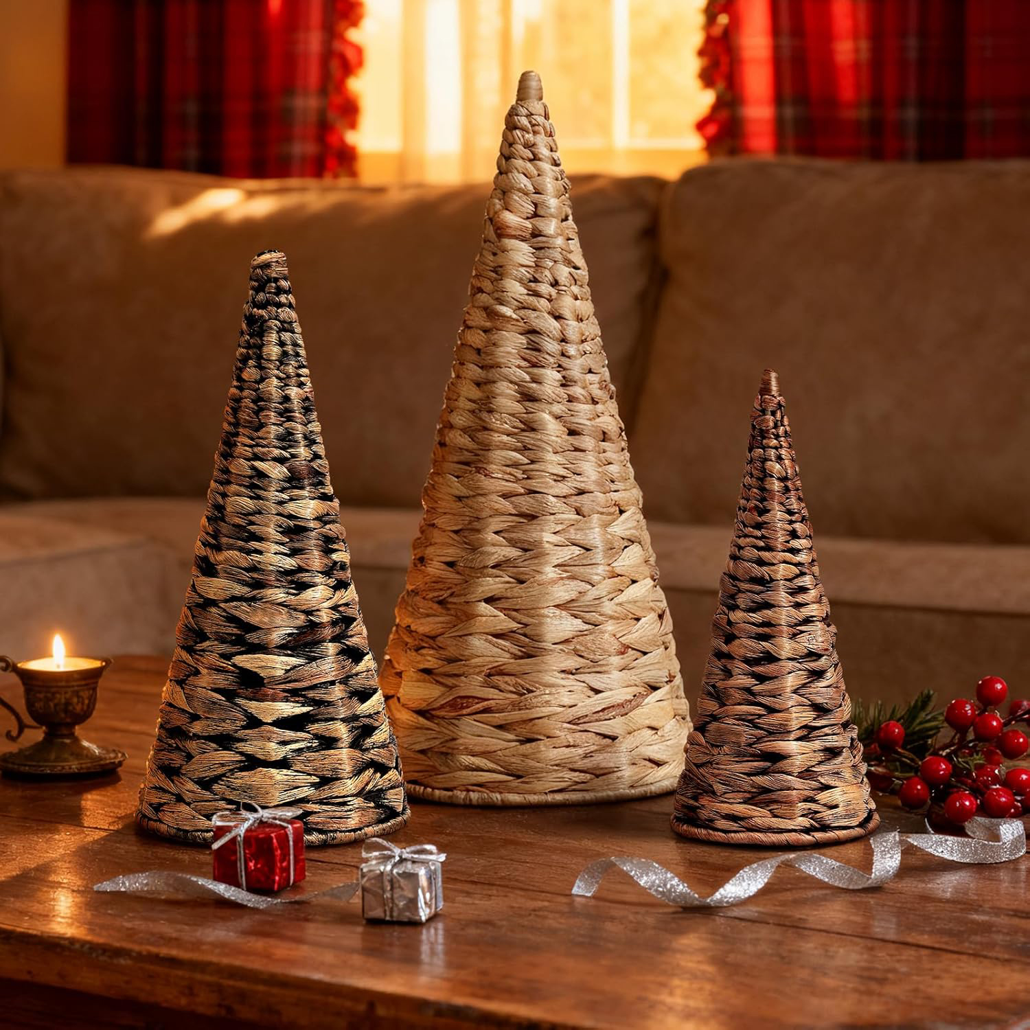 Handwoven Water Hyacinth Christmas Trees Set of 3 - Wicker Cone Tabletop Decor with Wooden Bases, Rustic Farmhouse Holiday Centerpiece for Mantel, Shelf & Home Table (7.5"-12")