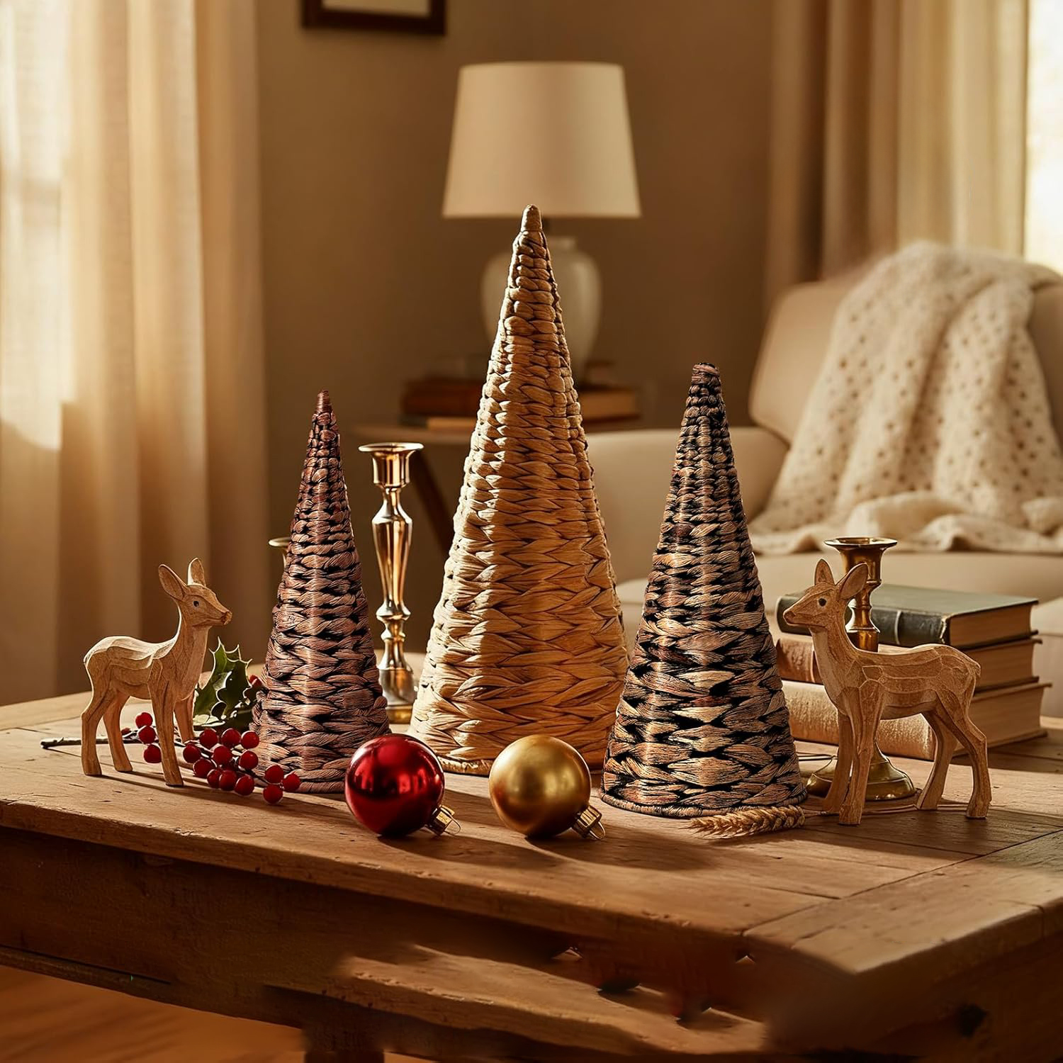 Handwoven Water Hyacinth Christmas Trees Set of 3 - Wicker Cone Tabletop Decor with Wooden Bases, Rustic Farmhouse Holiday Centerpiece for Mantel, Shelf & Home Table (7.5"-12") - Image 2