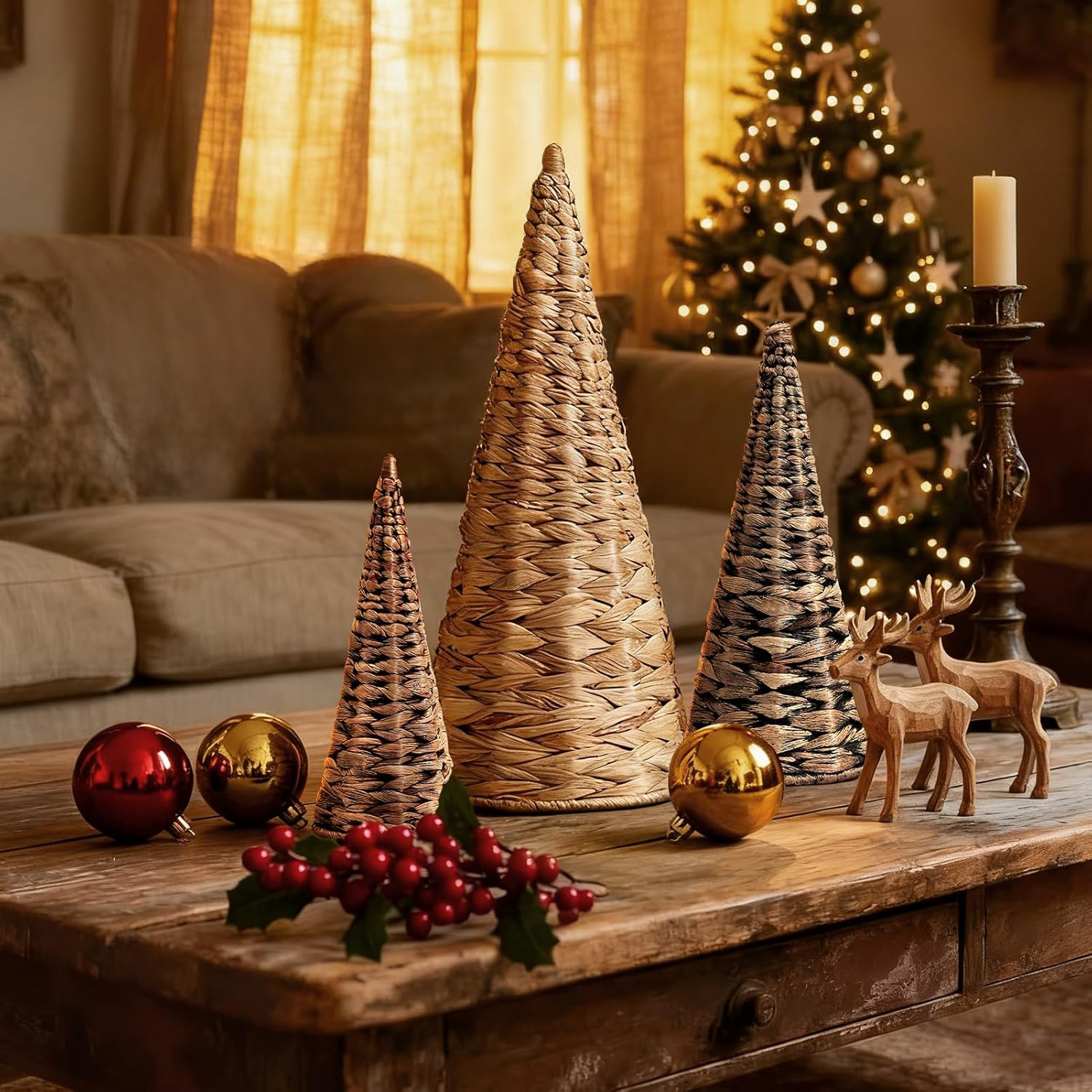 Handwoven Water Hyacinth Christmas Trees Set of 3 - Wicker Cone Tabletop Decor with Wooden Bases, Rustic Farmhouse Holiday Centerpiece for Mantel, Shelf & Home Table (7.5"-12") - Image 3