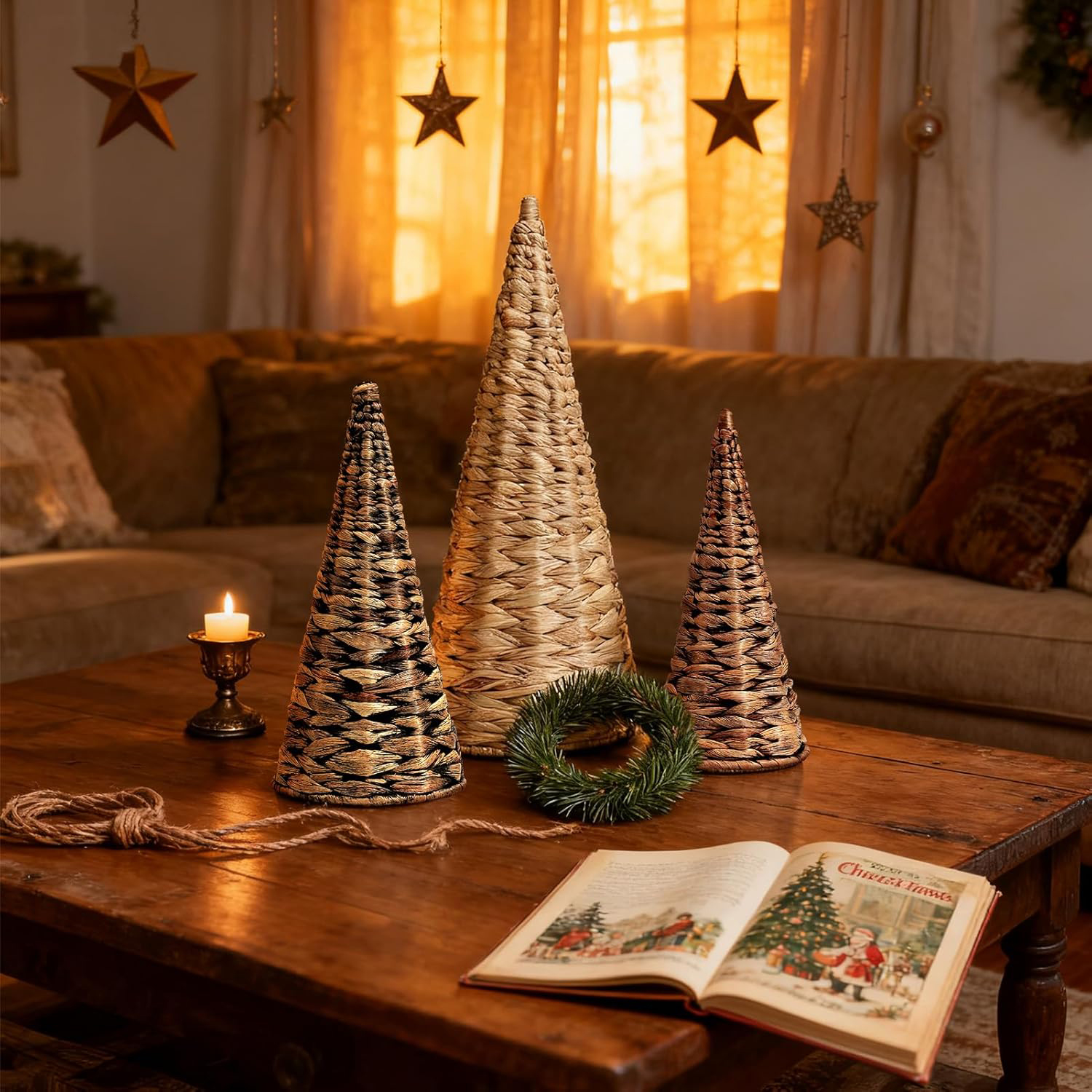 Handwoven Water Hyacinth Christmas Trees Set of 3 - Wicker Cone Tabletop Decor with Wooden Bases, Rustic Farmhouse Holiday Centerpiece for Mantel, Shelf & Home Table (7.5"-12") - Image 4
