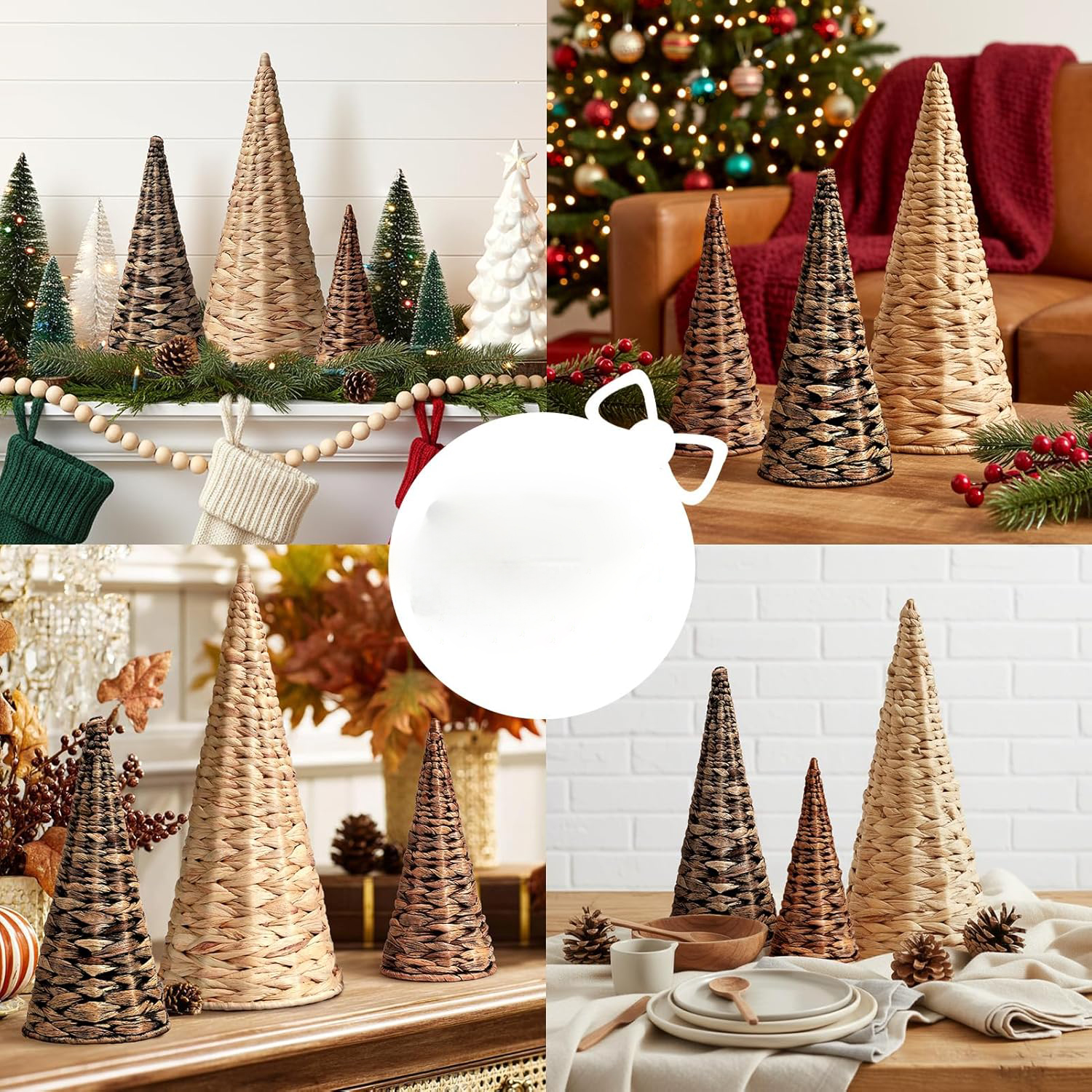 Handwoven Water Hyacinth Christmas Trees Set of 3 - Wicker Cone Tabletop Decor with Wooden Bases, Rustic Farmhouse Holiday Centerpiece for Mantel, Shelf & Home Table (7.5"-12") - Image 5