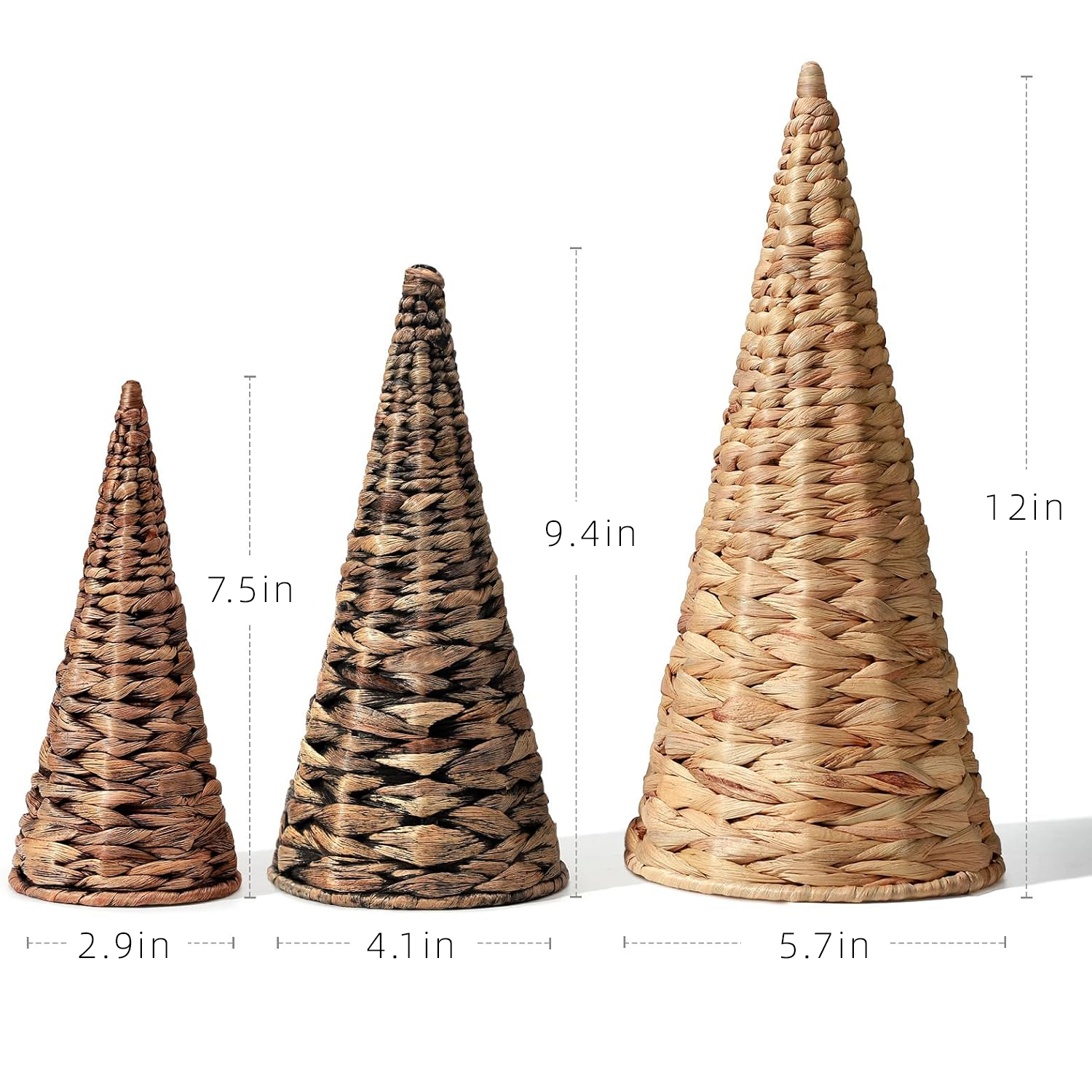 Handwoven Water Hyacinth Christmas Trees Set of 3 - Wicker Cone Tabletop Decor with Wooden Bases, Rustic Farmhouse Holiday Centerpiece for Mantel, Shelf & Home Table (7.5"-12") - Image 6