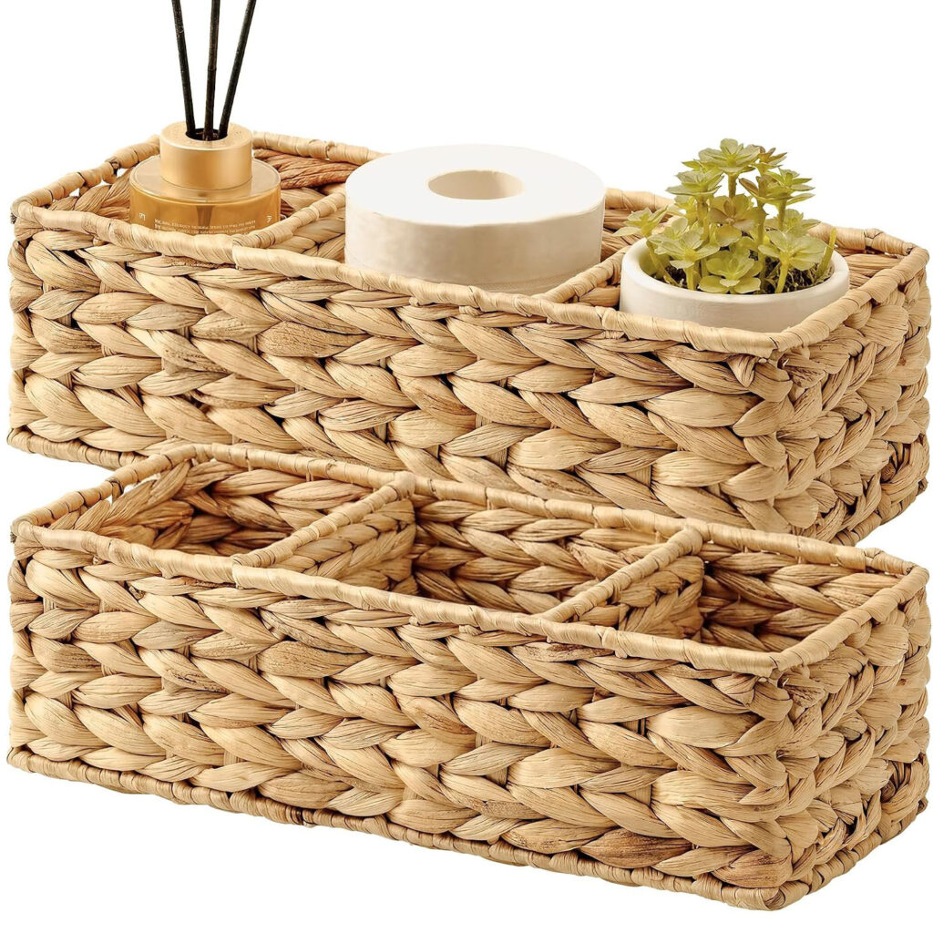 Handwoven water hyacinth toilet tank basket — wicker storage organizer with iron frame, 10-20L capacity. Food-safe natural fiber bin for bathroom, living room & kitchen shelves — shop now!