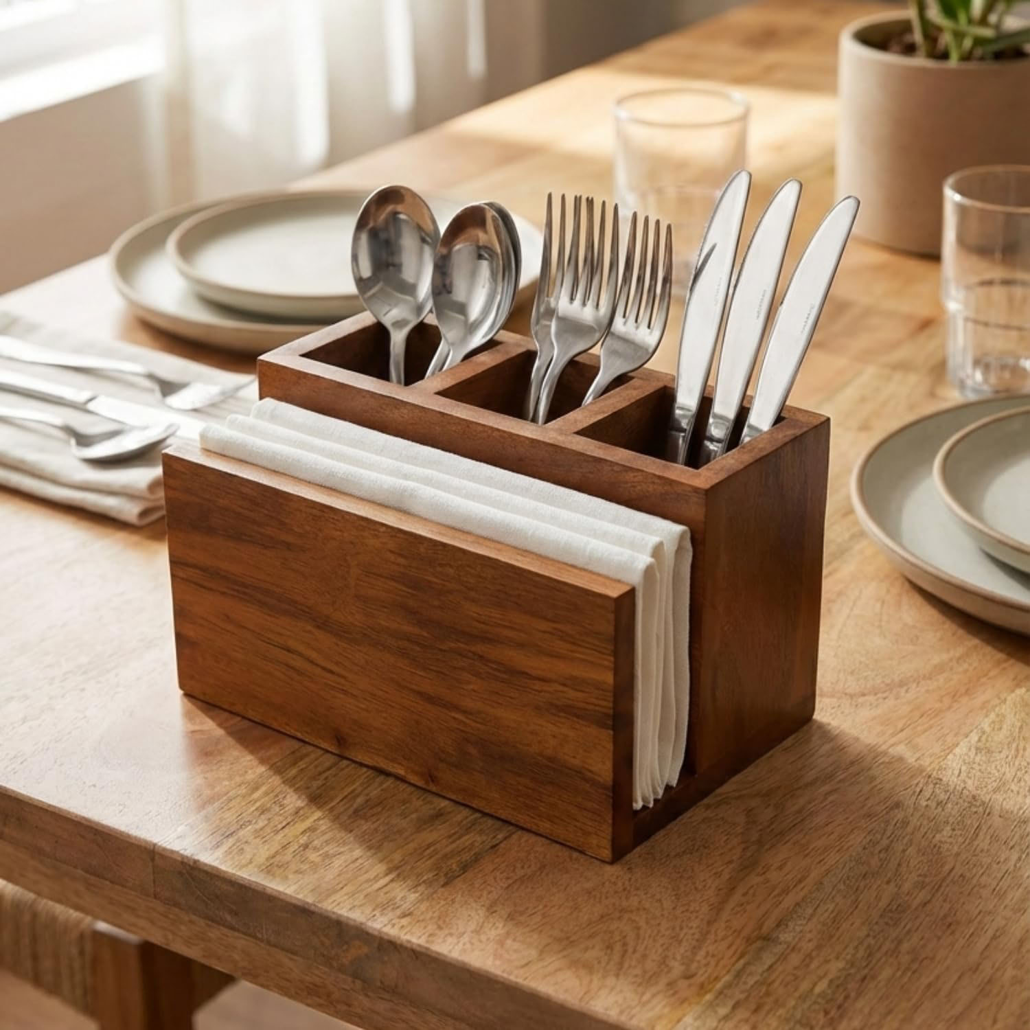 Acacia Wooden Utensil Caddy, Countertop Cutlery Organizer for Silverware Napkins and Spoons - Image 6