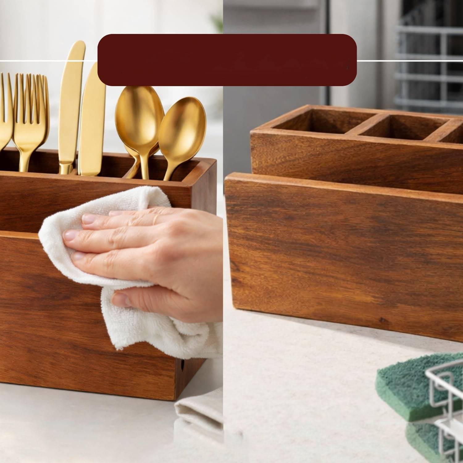 Acacia Wooden Utensil Caddy, Countertop Cutlery Organizer for Silverware Napkins and Spoons - Image 4