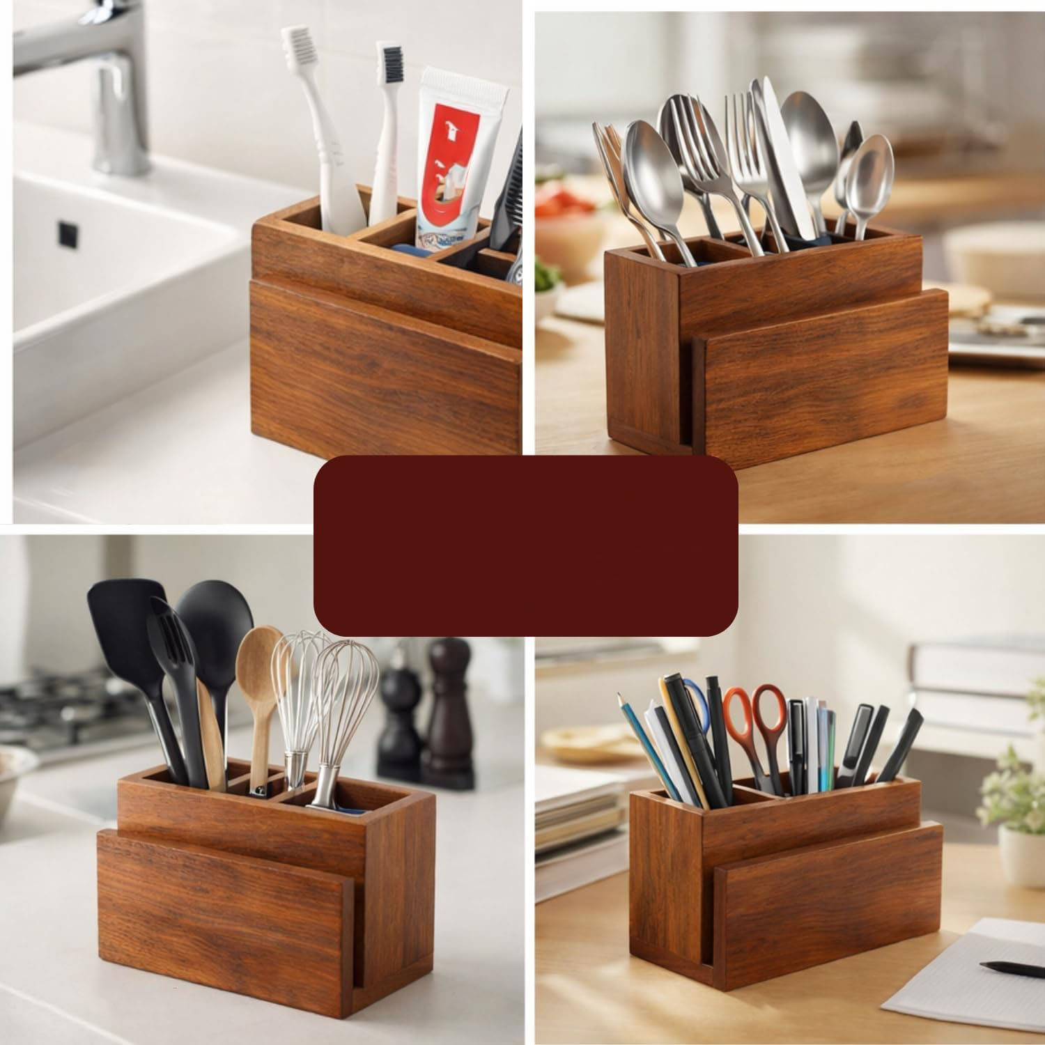 Acacia Wooden Utensil Caddy, Countertop Cutlery Organizer for Silverware Napkins and Spoons - Image 3