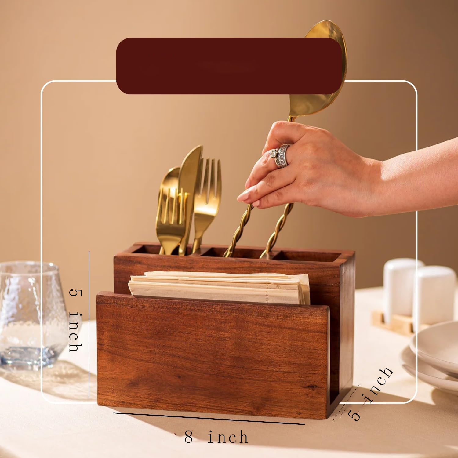 Acacia Wooden Utensil Caddy, Countertop Cutlery Organizer for Silverware Napkins and Spoons - Image 2