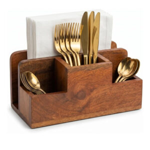 Brown Acacia Wood Silverware Holder, 3 Compartment Cutlery Caddy for Fork Knife Napkin Storage