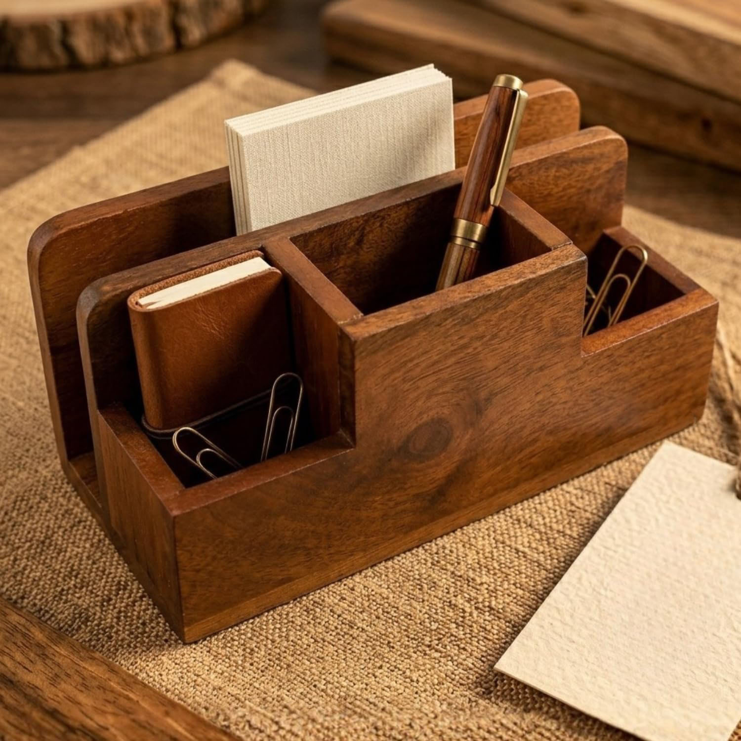 Brown Acacia Wood Silverware Holder, 3 Compartment Cutlery Caddy for Fork Knife Napkin Storage - Image 3