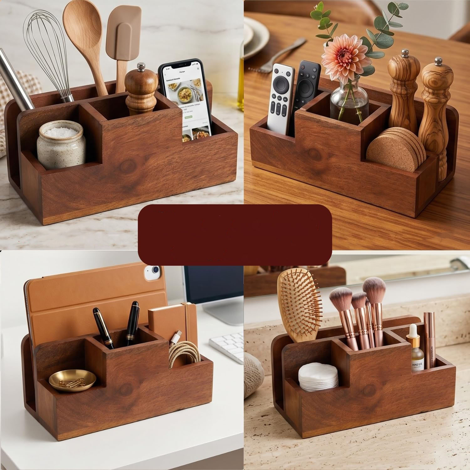 Brown Acacia Wood Silverware Holder, 3 Compartment Cutlery Caddy for Fork Knife Napkin Storage - Image 5