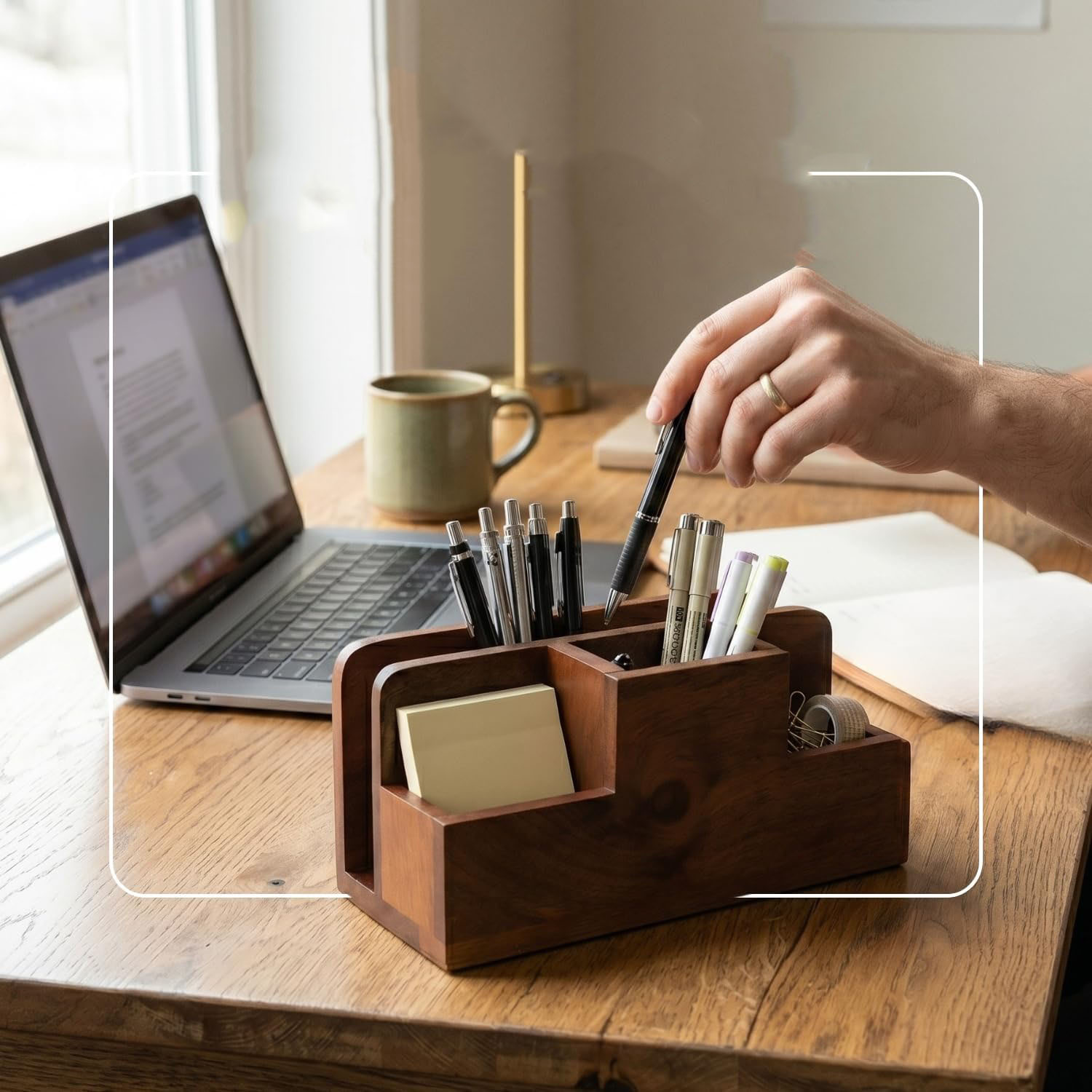 Brown Acacia Wood Silverware Holder, 3 Compartment Cutlery Caddy for Fork Knife Napkin Storage - Image 6
