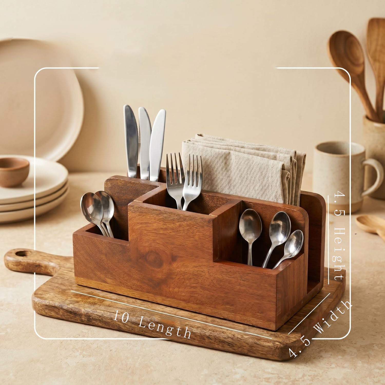 Brown Acacia Wood Silverware Holder, 3 Compartment Cutlery Caddy for Fork Knife Napkin Storage - Image 7