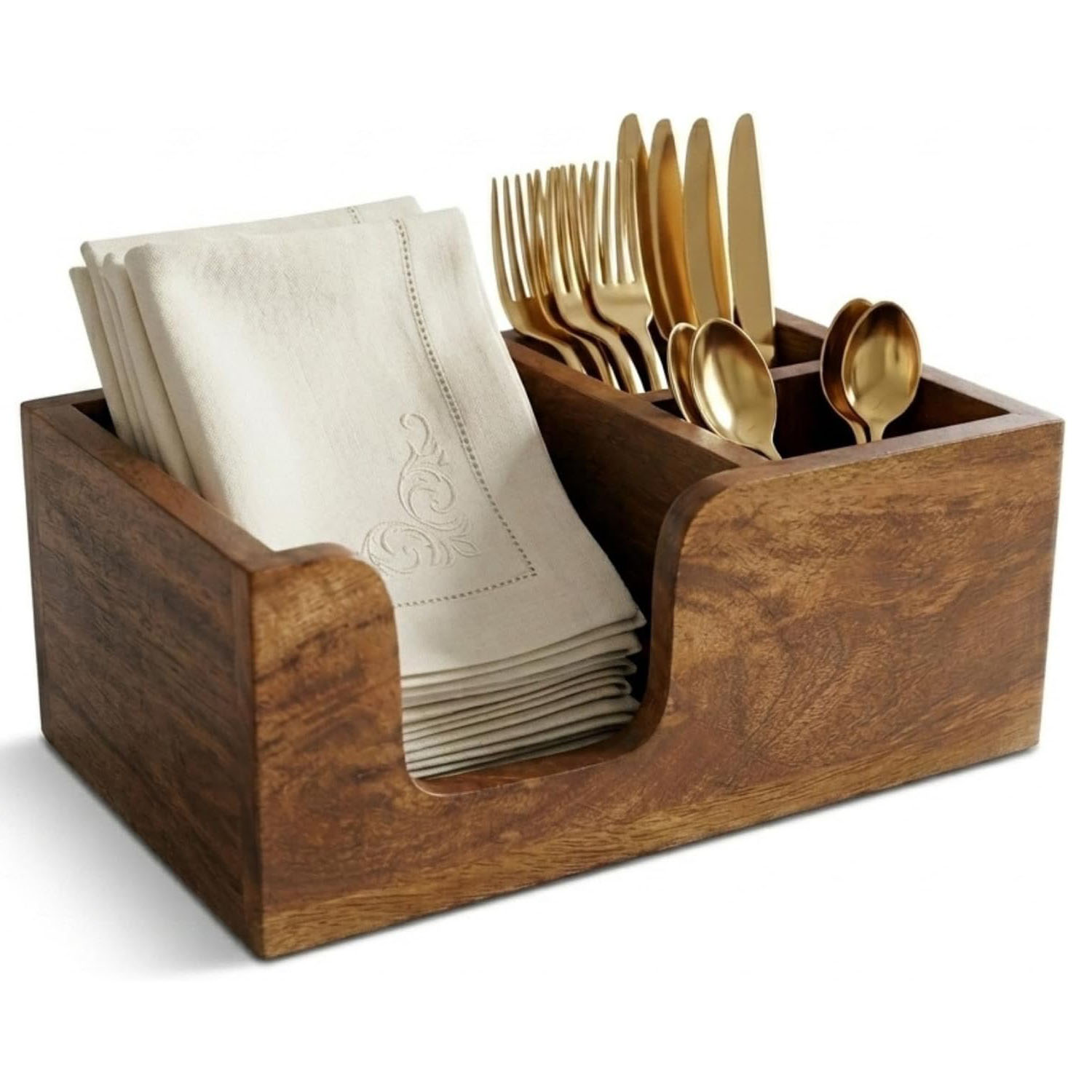 Acacia Wood Utensil Caddy Organizer, Countertop Holder for Silverware and Napkins Brown