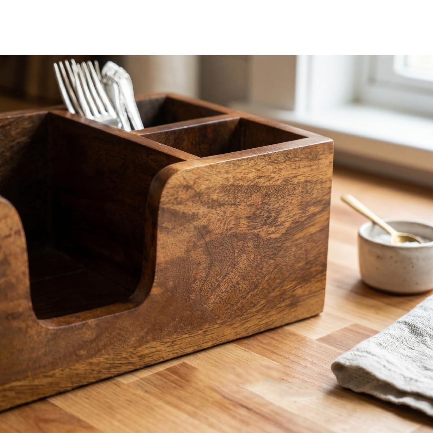 Acacia Wood Utensil Caddy Organizer, Countertop Holder for Silverware and Napkins Brown - Image 3