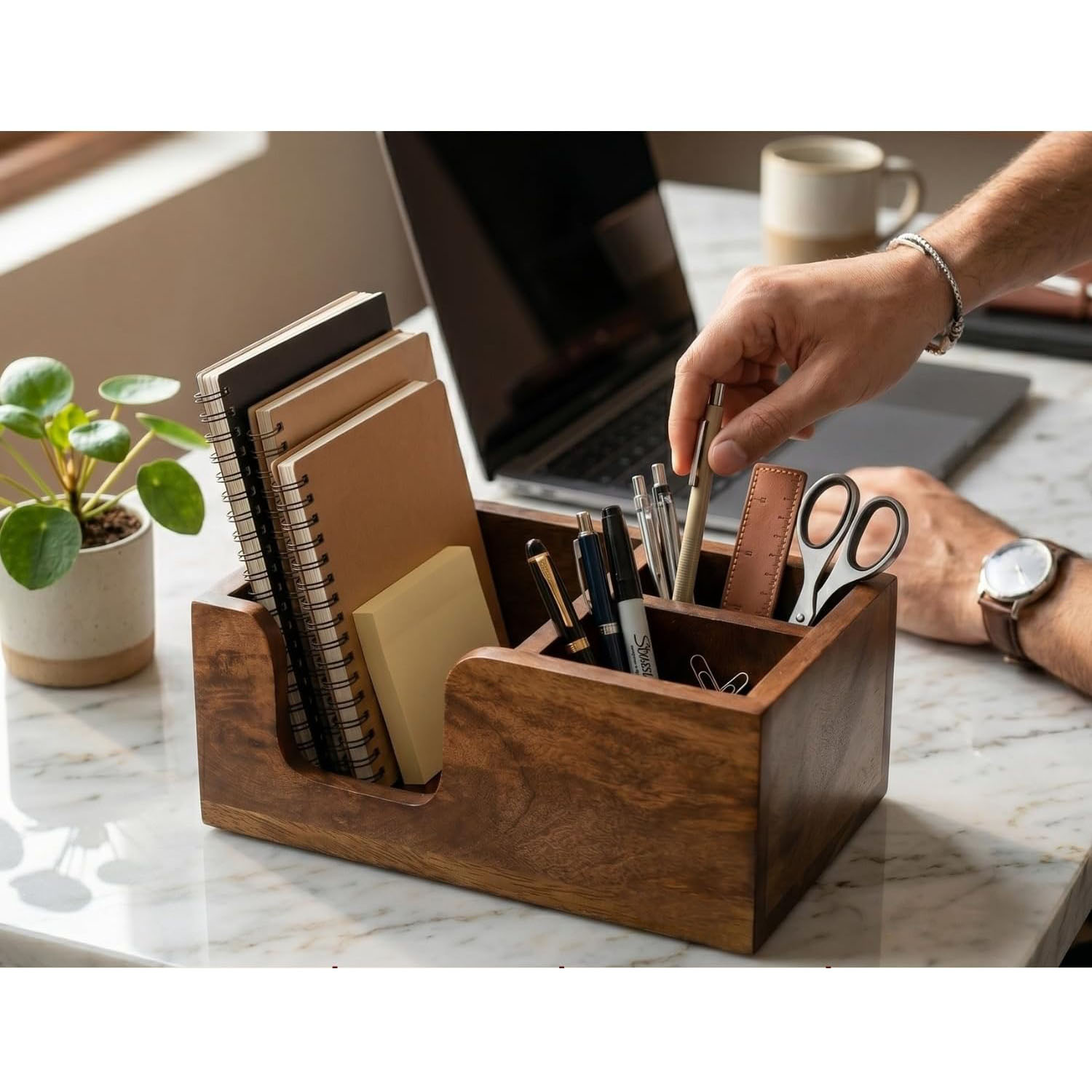 Acacia Wood Utensil Caddy Organizer, Countertop Holder for Silverware and Napkins Brown - Image 4