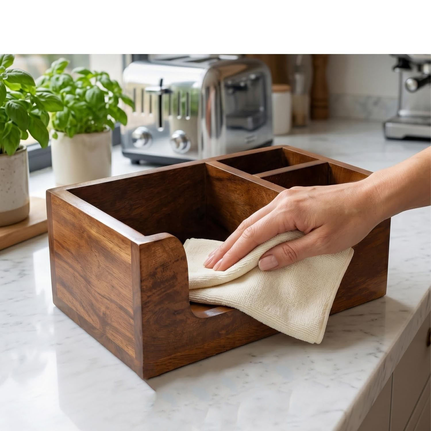Acacia Wood Utensil Caddy Organizer, Countertop Holder for Silverware and Napkins Brown - Image 5