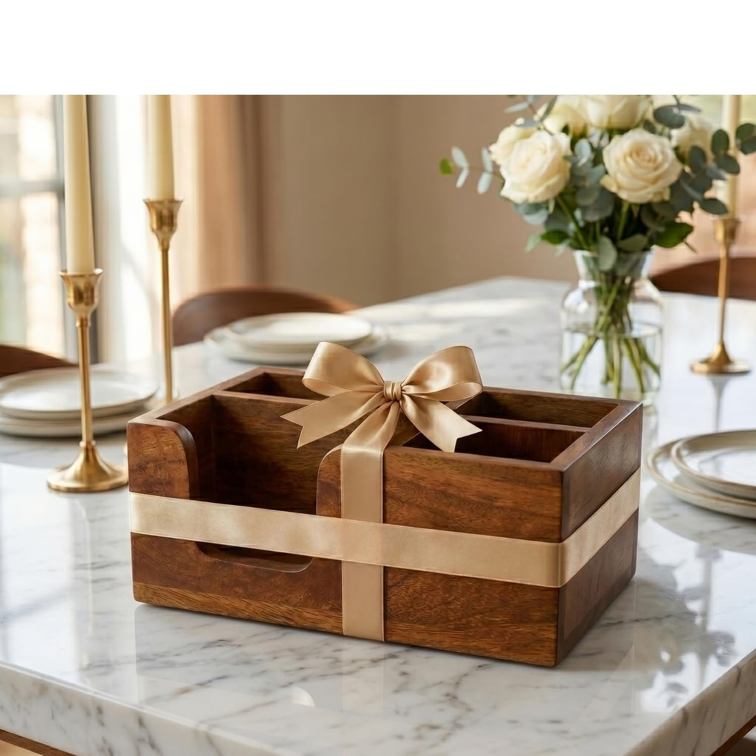 Acacia Wood Utensil Caddy Organizer, Countertop Holder for Silverware and Napkins Brown - Image 6