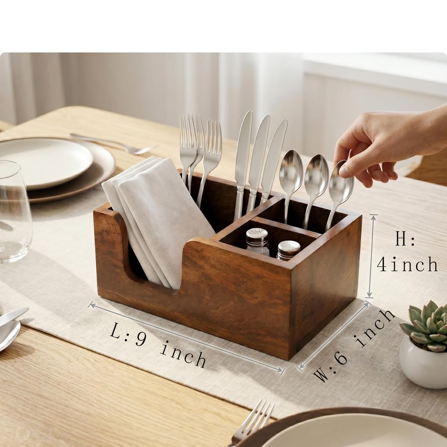 Acacia Wood Utensil Caddy Organizer, Countertop Holder for Silverware and Napkins Brown - Image 7