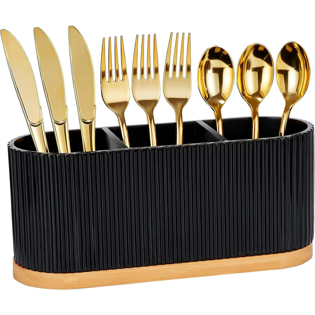 Black Wood 3 Compartment Silverware Caddy — Countertop Cutlery Organizer by HUASHEN