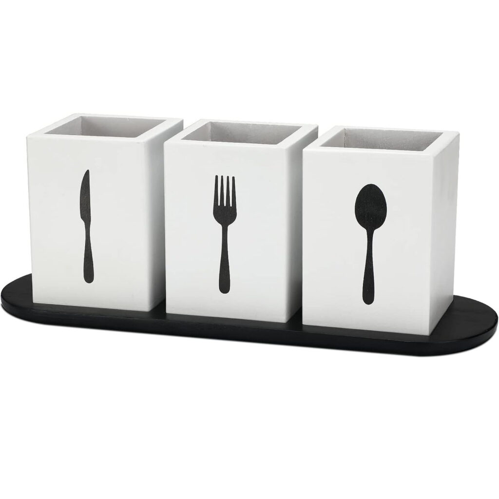 4 Piece Silverware Caddy Set White, Wood Tray Spoon Fork Holder for Kitchen Party Organization