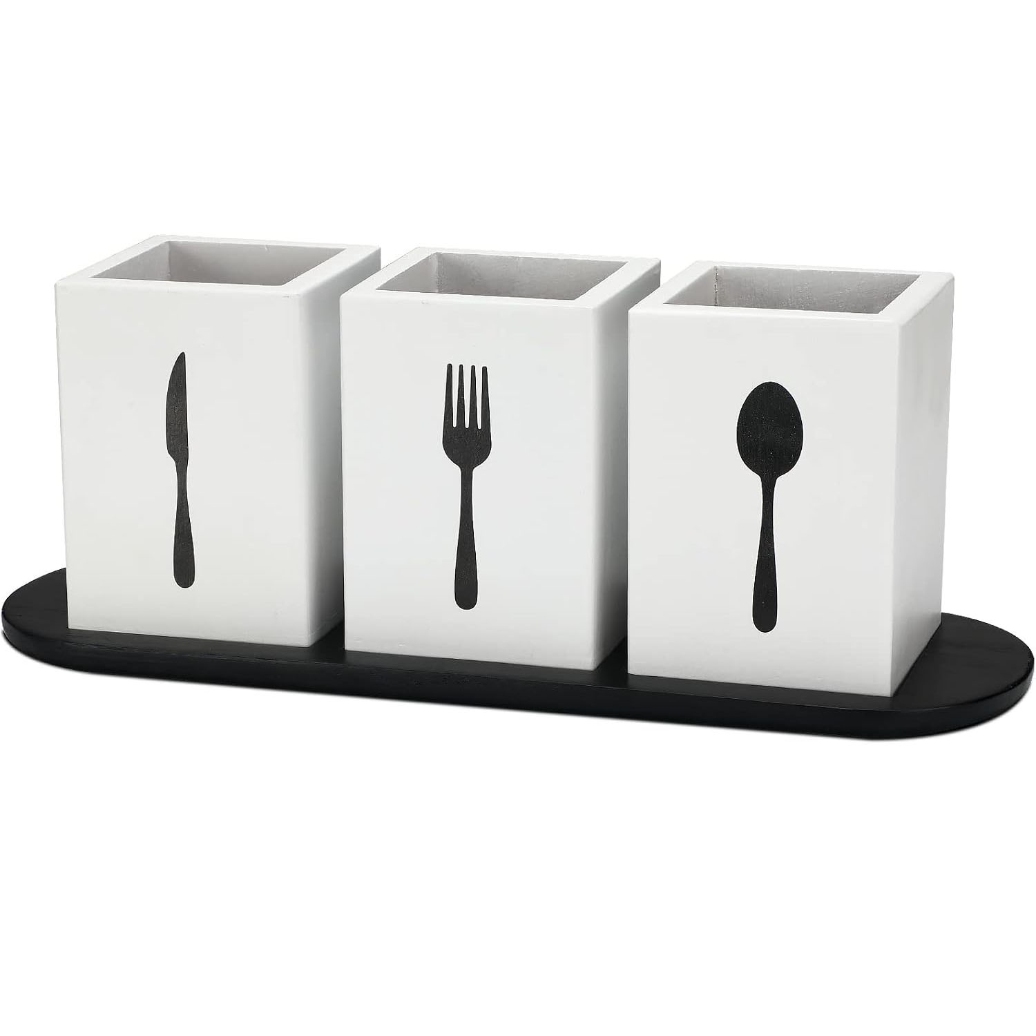 4 Piece Silverware Caddy Set White, Wood Tray Spoon Fork Holder for Kitchen Party Organization