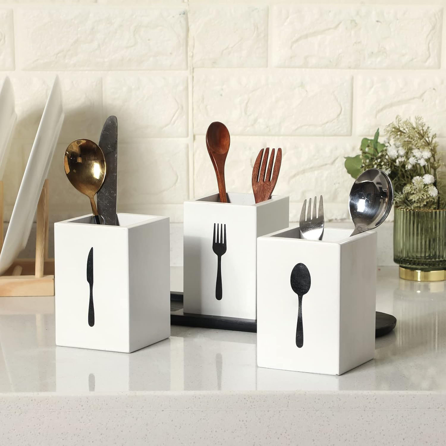 4 Piece Silverware Caddy Set White, Wood Tray Spoon Fork Holder for Kitchen Party Organization - Image 3