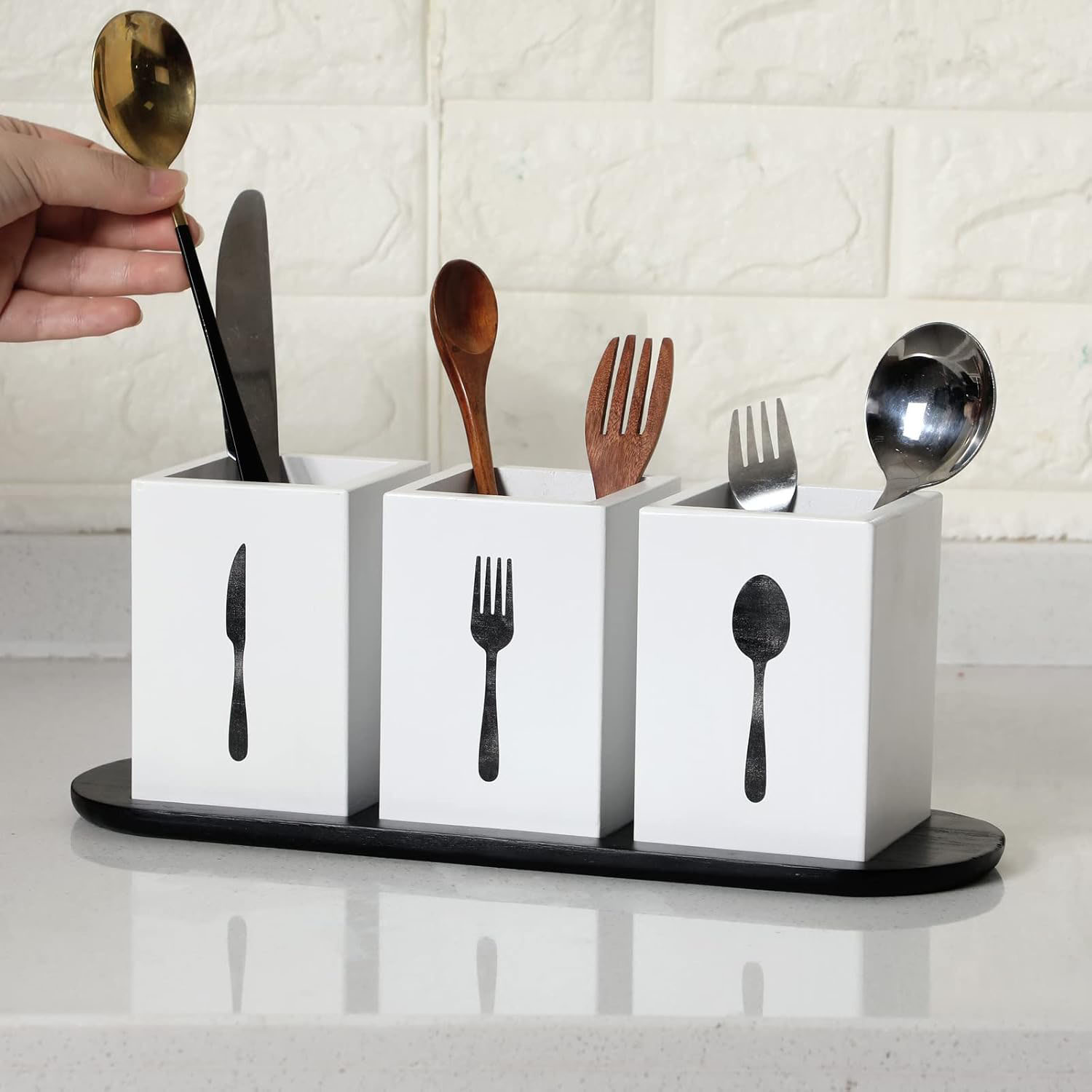 4 Piece Silverware Caddy Set White, Wood Tray Spoon Fork Holder for Kitchen Party Organization - Image 4
