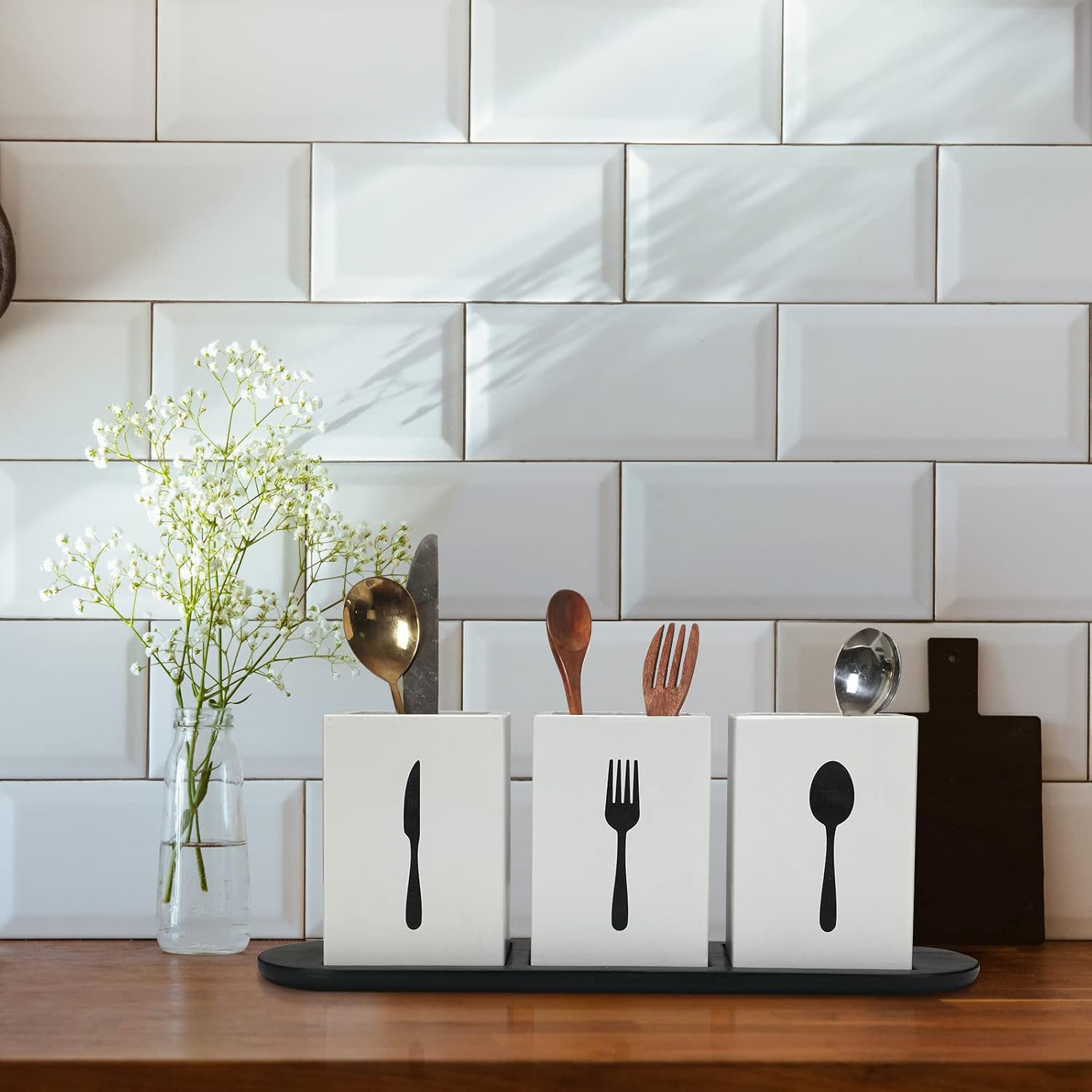 4 Piece Silverware Caddy Set White, Wood Tray Spoon Fork Holder for Kitchen Party Organization - Image 5