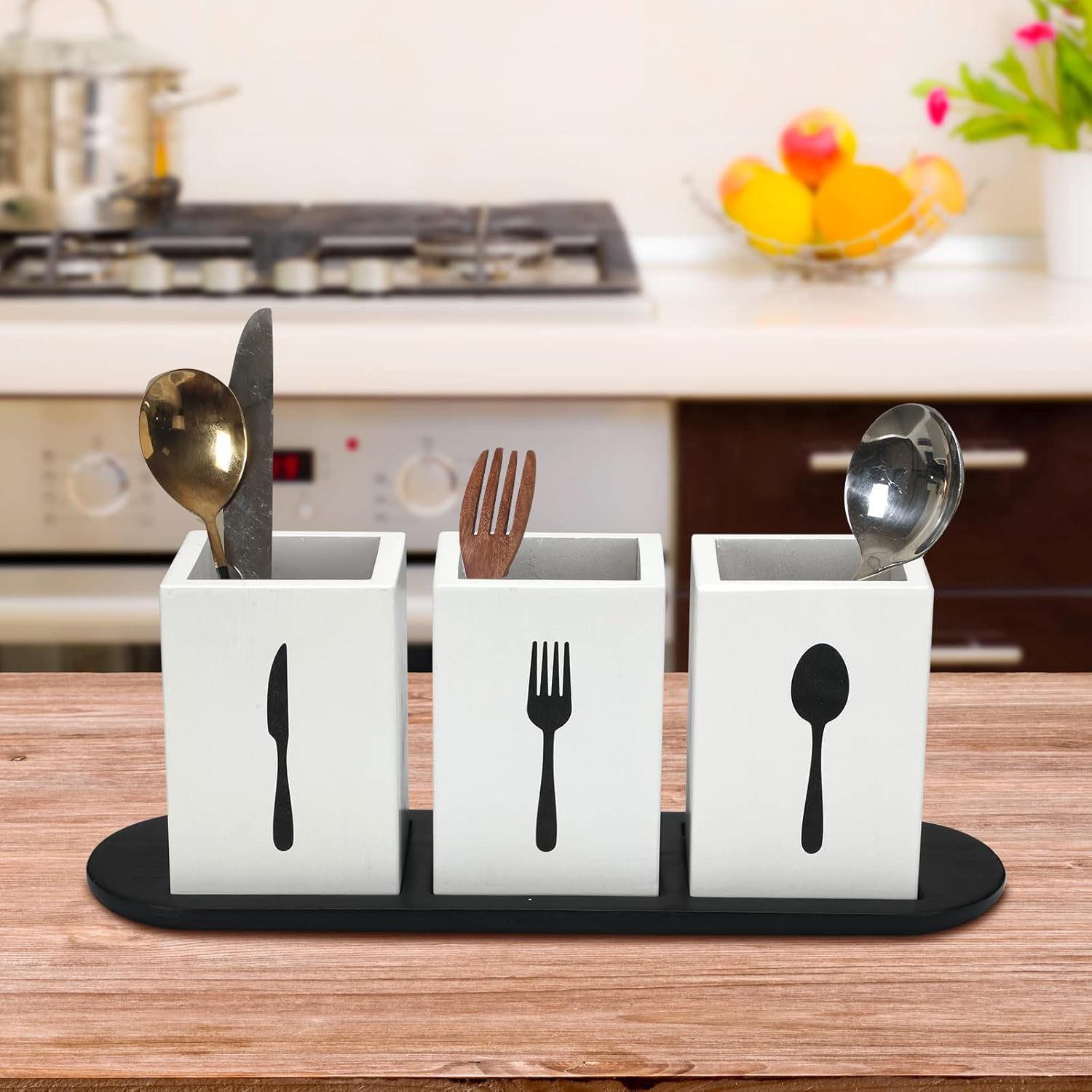 4 Piece Silverware Caddy Set White, Wood Tray Spoon Fork Holder for Kitchen Party Organization - Image 6