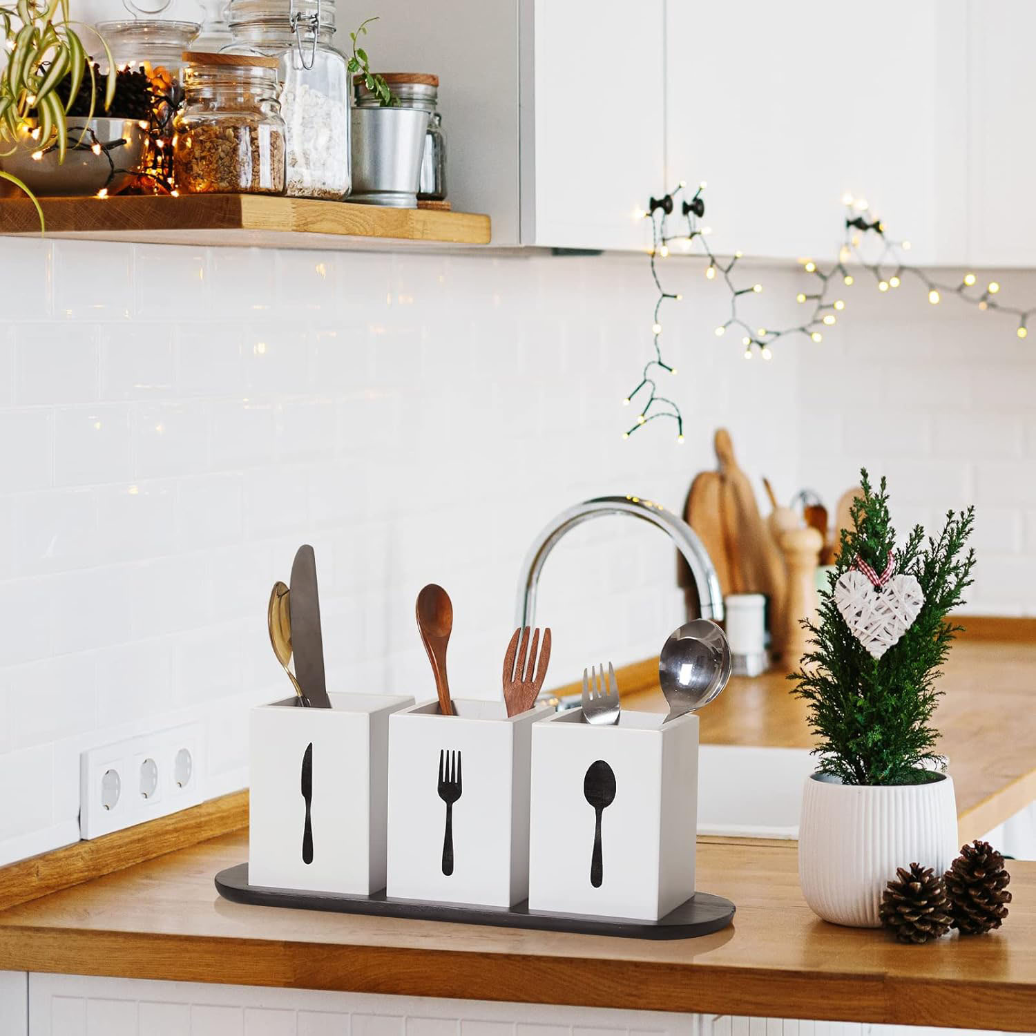 4 Piece Silverware Caddy Set White, Wood Tray Spoon Fork Holder for Kitchen Party Organization - Image 7