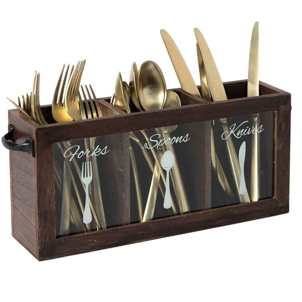 Wooden Silverware Caddy with Handle, Countertop Cutlery Organizer 12x3x6 Inch Brown