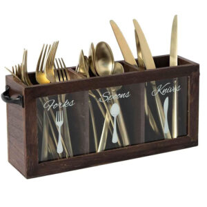 Wooden Silverware Caddy with Handle, Countertop Cutlery Organizer 12x3x6 Inch Brown