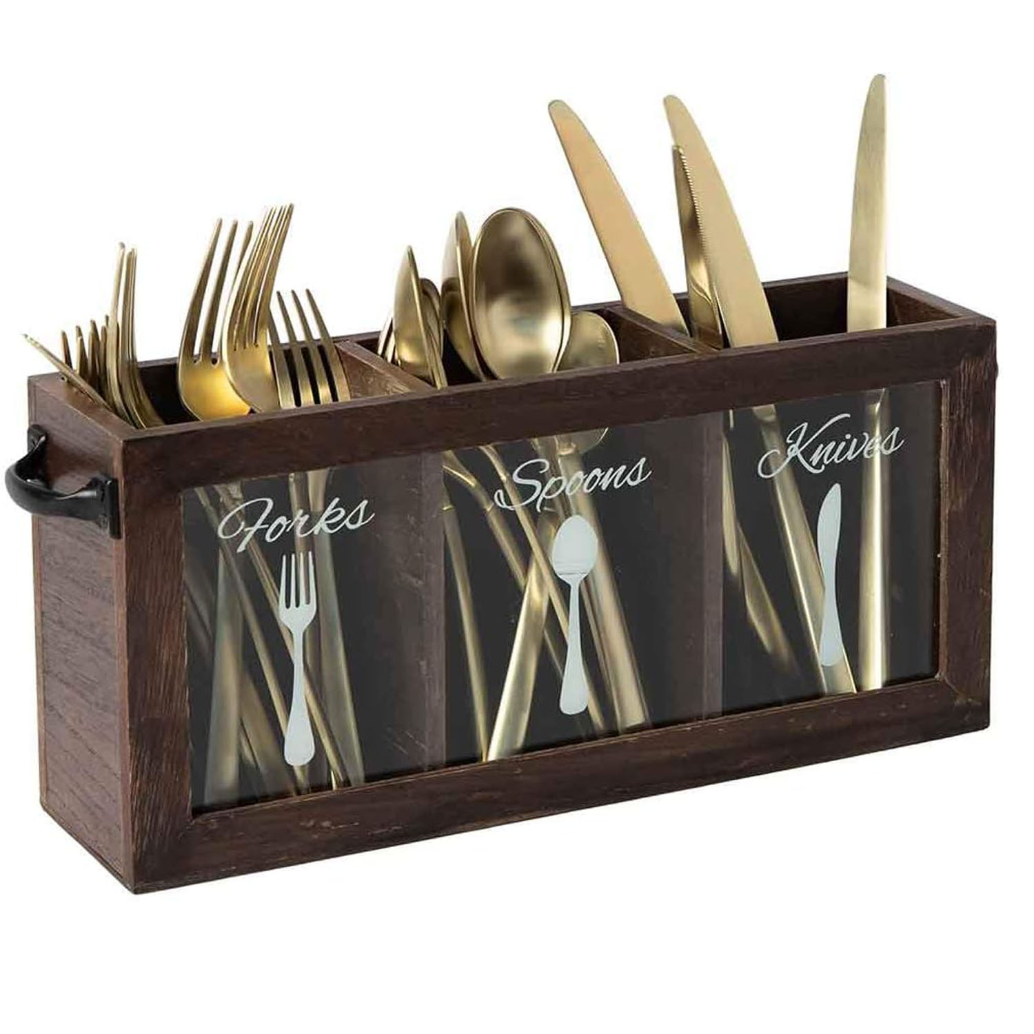 Wooden Silverware Caddy with Handle, Countertop Cutlery Organizer 12x3x6 Inch Brown